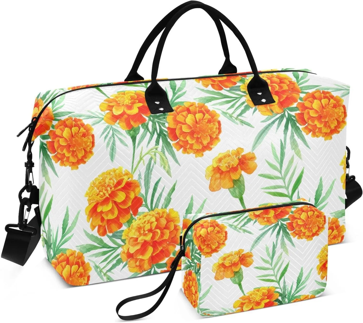 Marigold Flower Foliage White Sports Gym Bag for Women Men Travel Duffel Bag Weekend Overnight Carry on Bag with Toiletry Bag Training Handbag for Yoga Swimming Hospital Plane