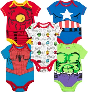 Marvel Baby Boys' 5 Pack Bodysuits - The Hulk, Spiderman, Iron Man, and Captain America