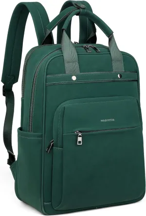 MASINTOR Leather Laptop Backpack for Women, Stylish Computer Backpack College Business Work Shoulder Bags Work and Travel Retro Green