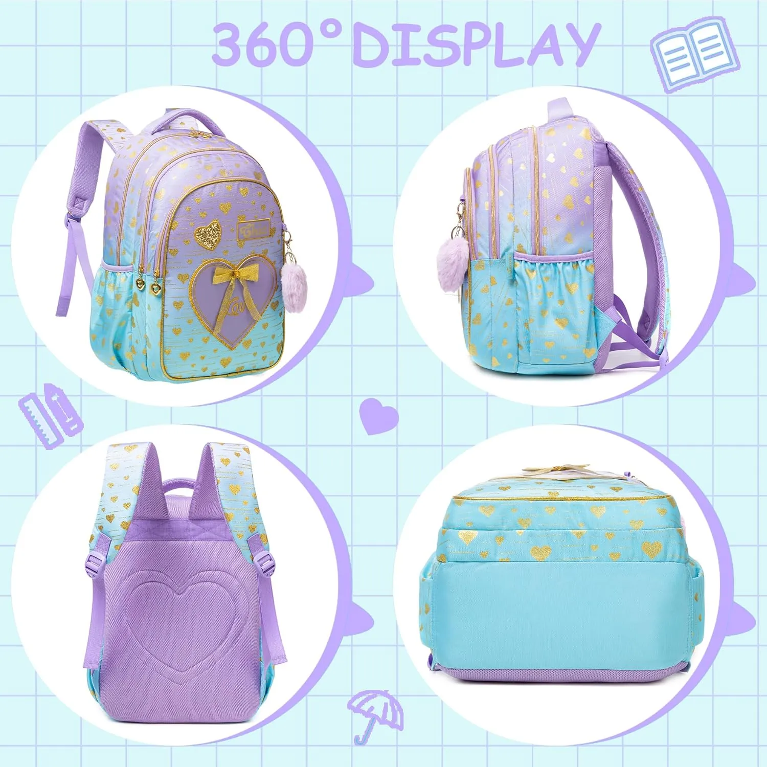 Meetbelify Kids Backpacks for Girls Backpacks for School Kids Canvas Travel Laptop Backpack with Lunch Box for Elementary Students Girls Back to School Bookbag Ages 8-10