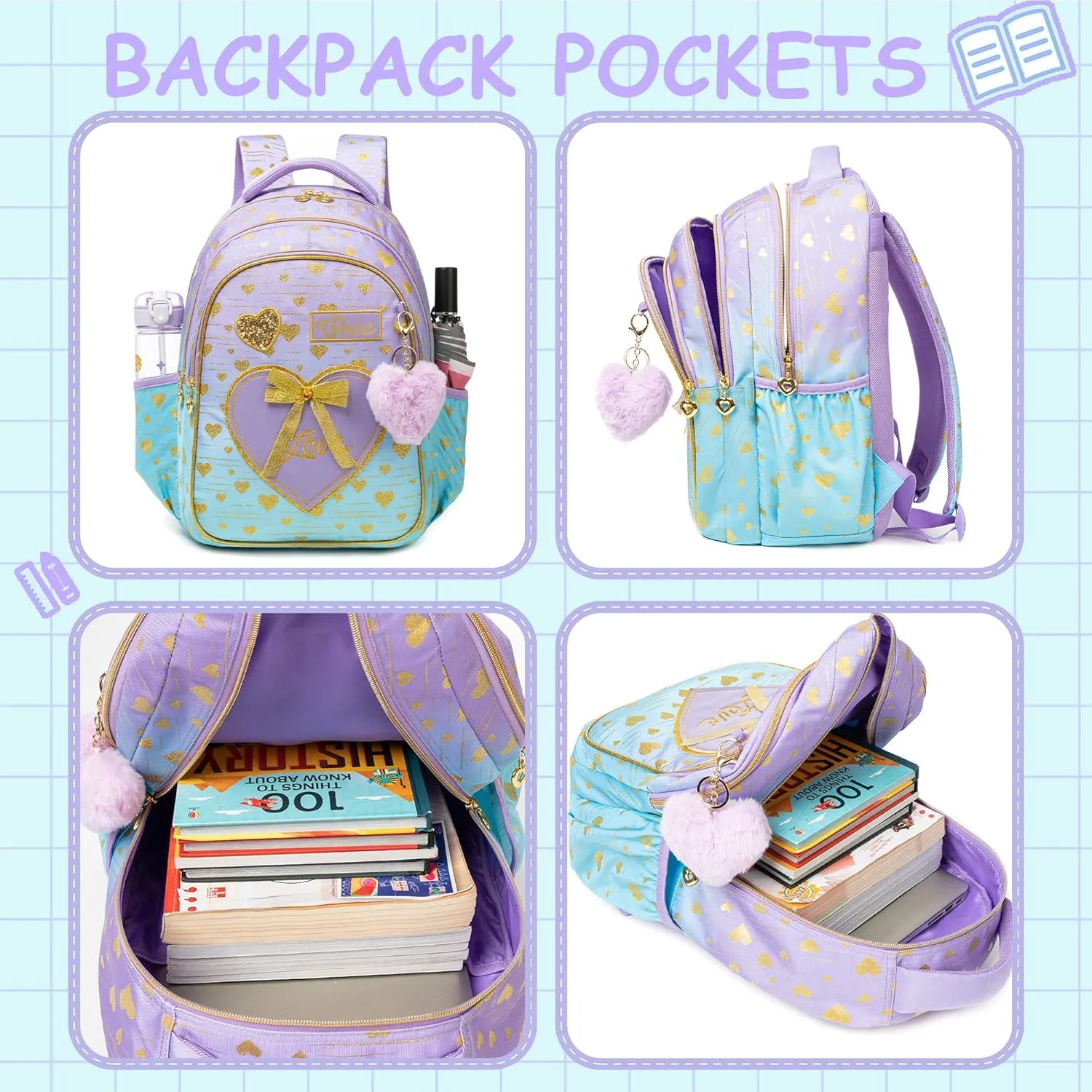 Meetbelify Kids Backpacks for Girls Backpacks for School Kids Canvas Travel Laptop Backpack with Lunch Box for Elementary Students Girls Back to School Bookbag Ages 8-10