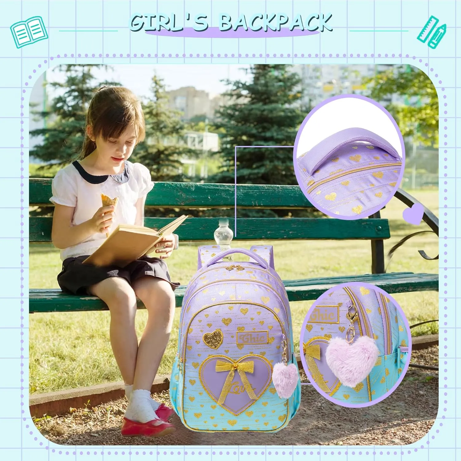 Meetbelify Kids Backpacks for Girls Backpacks for School Kids Canvas Travel Laptop Backpack with Lunch Box for Elementary Students Girls Back to School Bookbag Ages 8-10