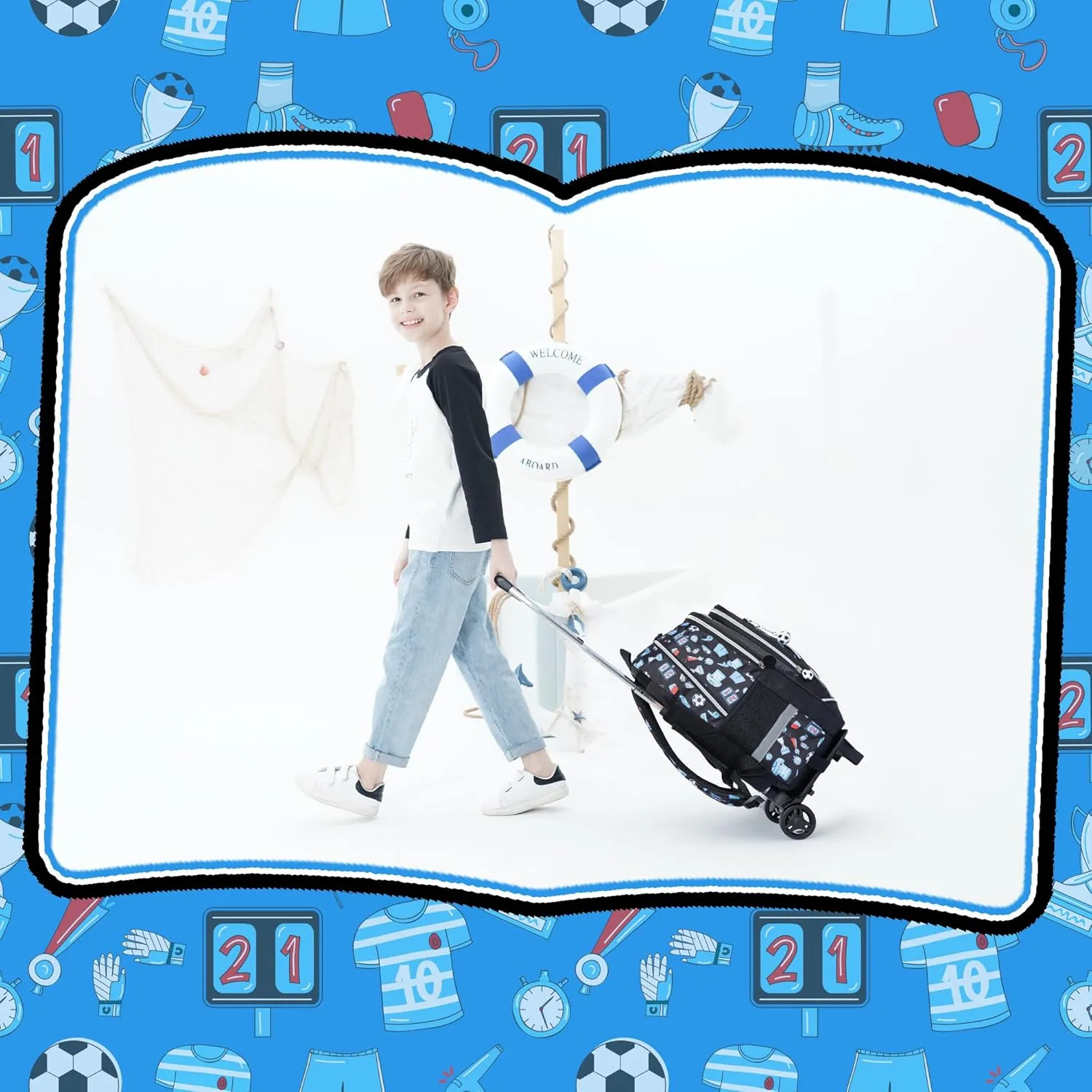 Meetbelify Kids Backpacks with Wheels for Boys Football Rolling Backpack with Lunch Box for Elementary Students Trip Luggage for Boys Ages 6-8