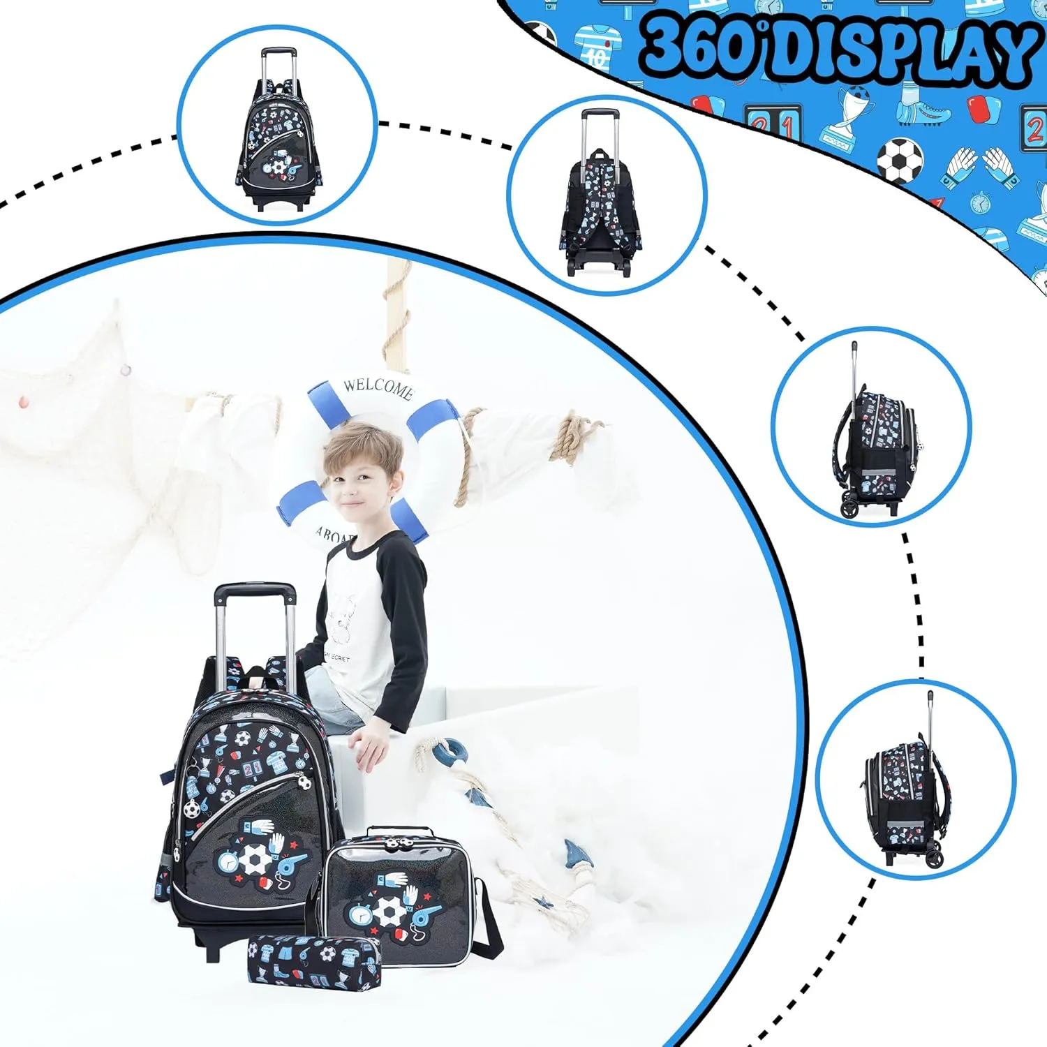 Meetbelify Kids Backpacks with Wheels for Boys Football Rolling Backpack with Lunch Box for Elementary Students Trip Luggage for Boys Ages 6-8