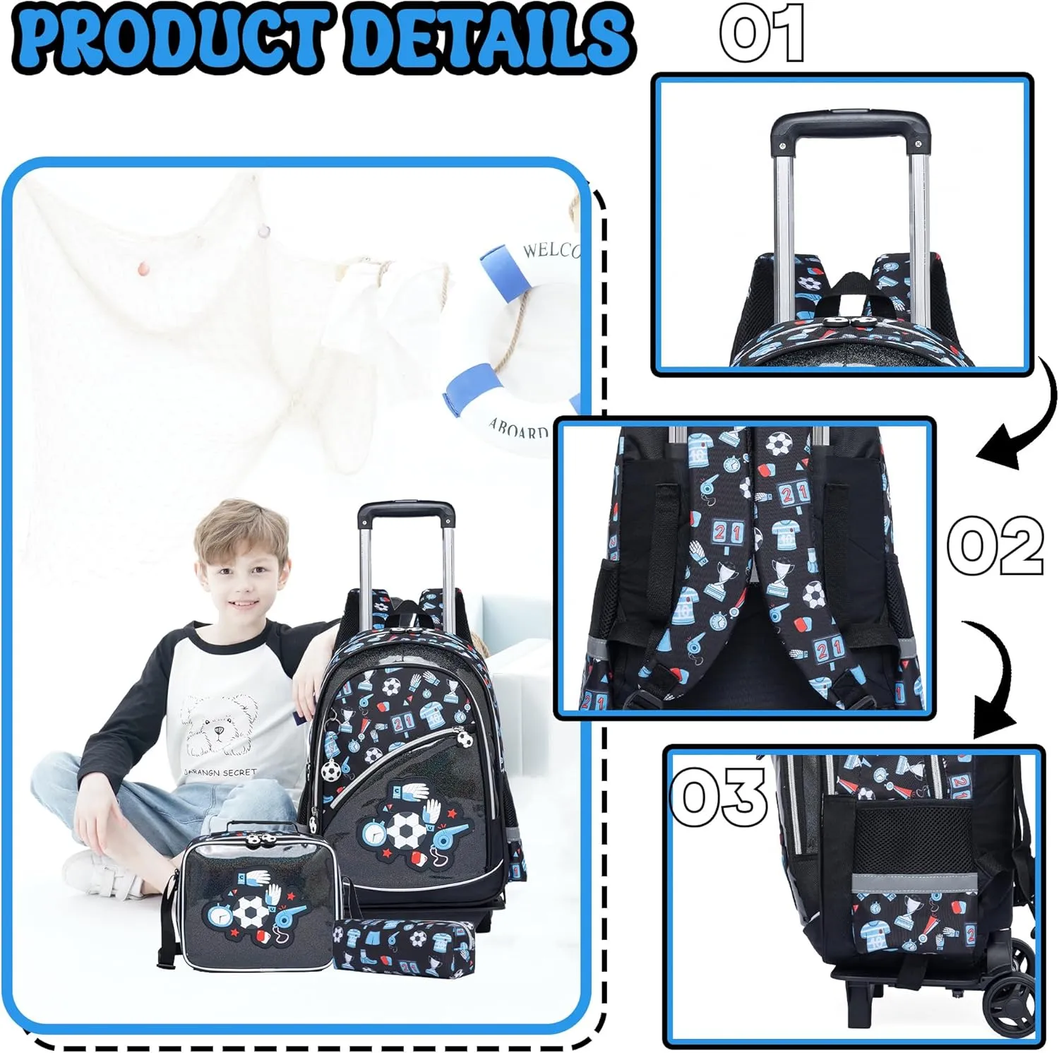 Meetbelify Kids Backpacks with Wheels for Boys Football Rolling Backpack with Lunch Box for Elementary Students Trip Luggage for Boys Ages 6-8