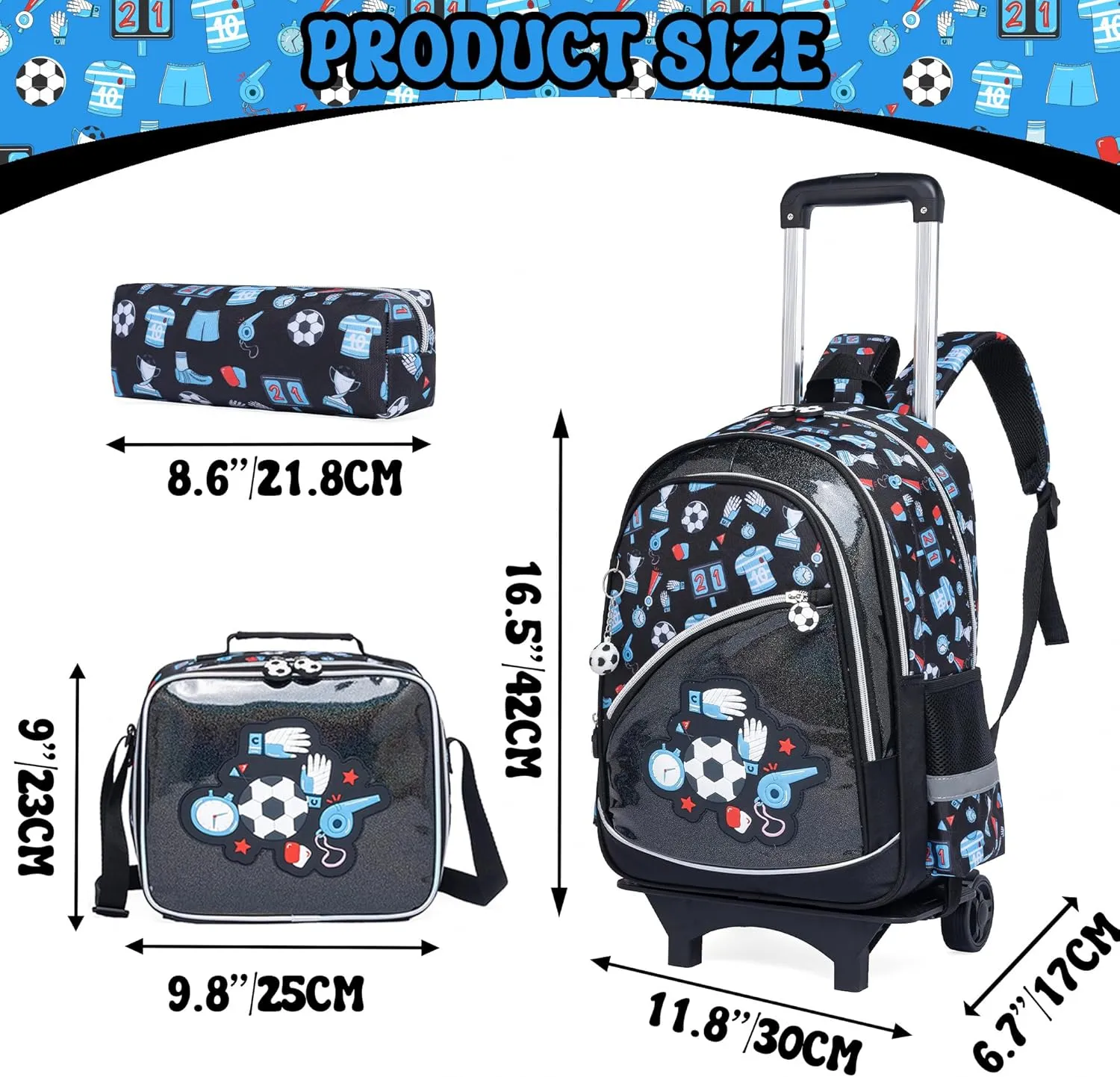 Meetbelify Kids Backpacks with Wheels for Boys Football Rolling Backpack with Lunch Box for Elementary Students Trip Luggage for Boys Ages 6-8