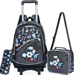 Meetbelify Kids Backpacks with Wheels for Boys Football Rolling Backpack with Lunch Box for Elementary Students Trip Luggage for Boys Ages 6-8