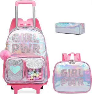 Meetbelify Rolling Backpack for Girls Backpack with Wheels for Elementary Student Kids School Bag with Lunch Box Pencil Case for Girls Ages 6-8 Years Old