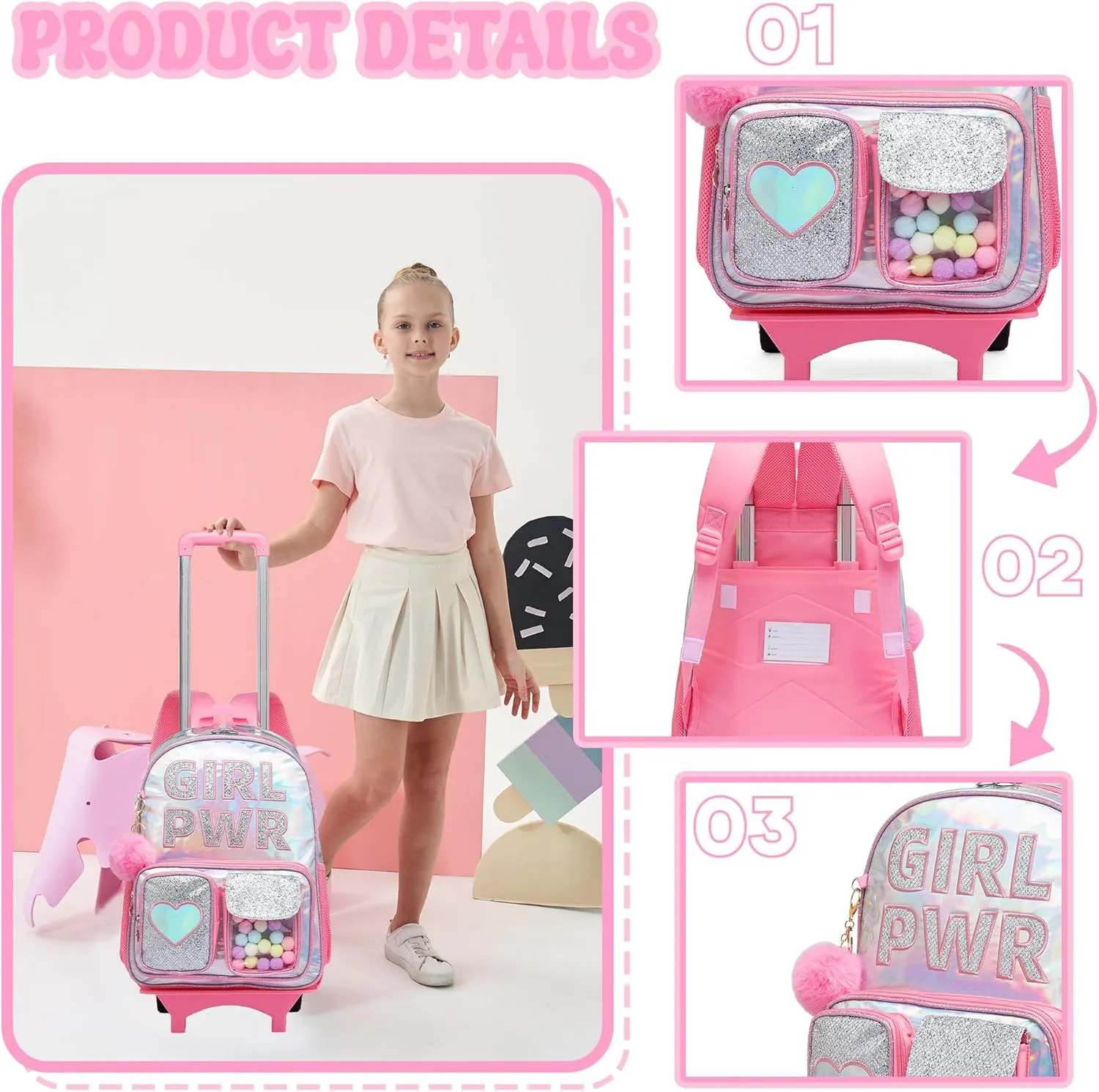 Meetbelify Rolling Backpack for Girls Backpack with Wheels for Elementary Student Kids School Bag with Lunch Box Pencil Case for Girls Ages 6-8 Years Old