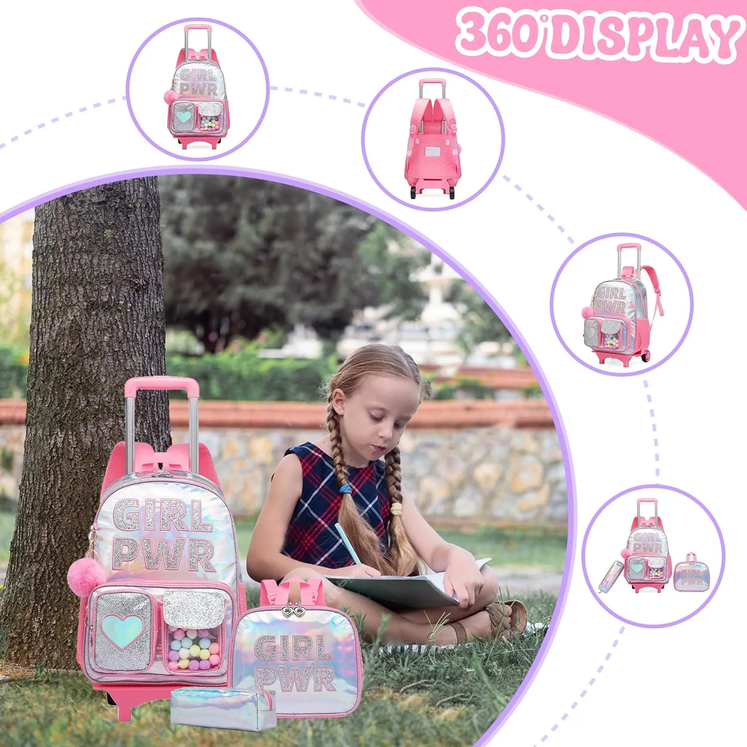 Meetbelify Rolling Backpack for Girls Backpack with Wheels for Elementary Student Kids School Bag with Lunch Box Pencil Case for Girls Ages 6-8 Years Old