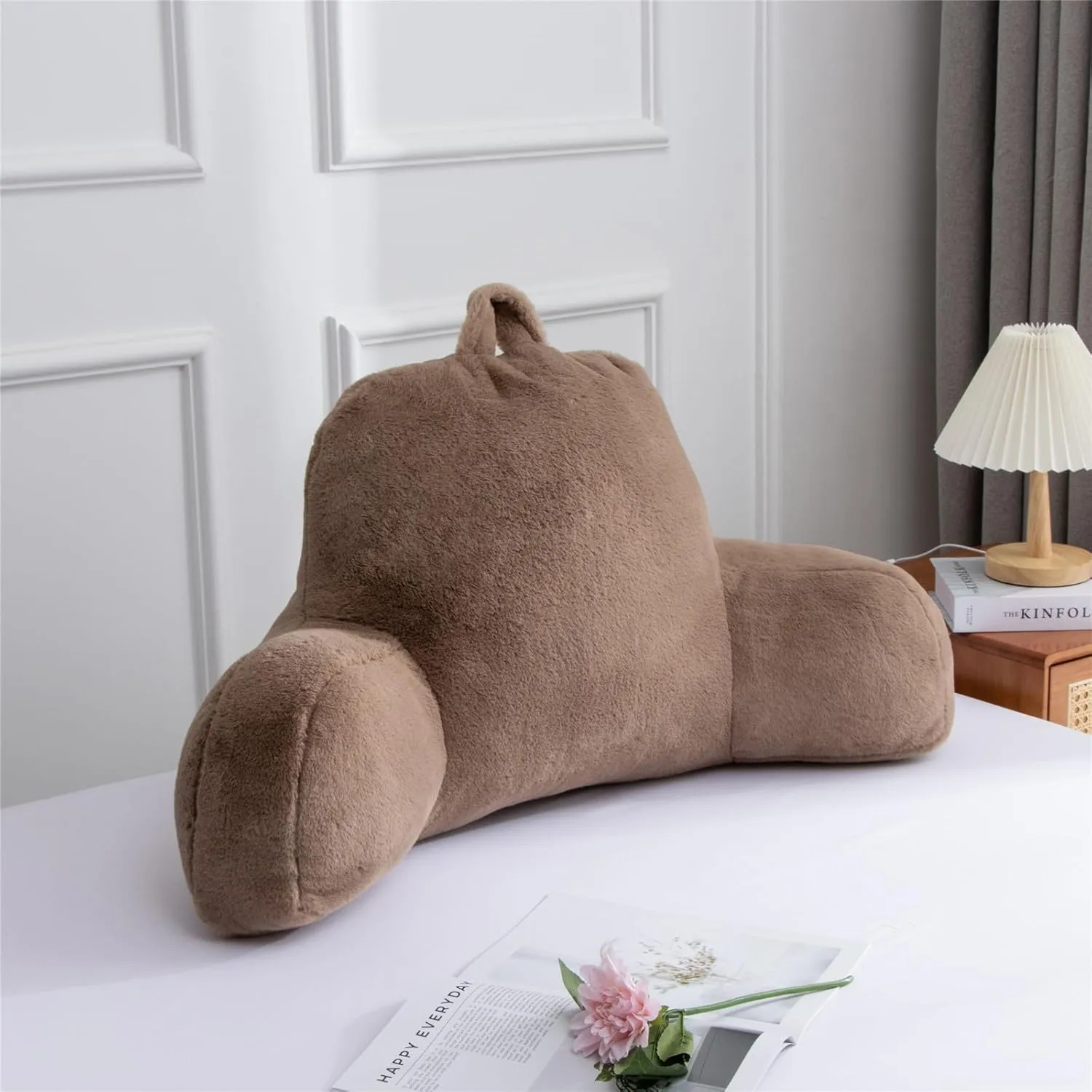 Meeting Story Reading Pillow Adult Backrest with Arms, Back Pillow Support for Sitting Up in Bed Chair Pillow Reading & Bed Rest Pillows (Khaki,Large)