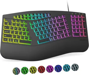 MEETION Ergonomic Wired Keyboard, 7 Colors RGB Backlit, 4 Adjustable Brightness & 2 Modes Light Up, Comfortable Natural Ergo Split USB for Windows Mac Computer Desktop Laptop, Black