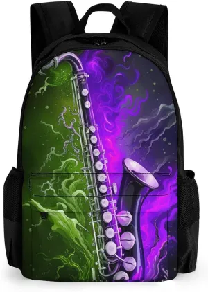 Men Women Polyester Saxophone In Fire And Water Art Casual Daypack Large Capacity Carry On Bag With Adjustable Shoulder Straps for Camping Work Running