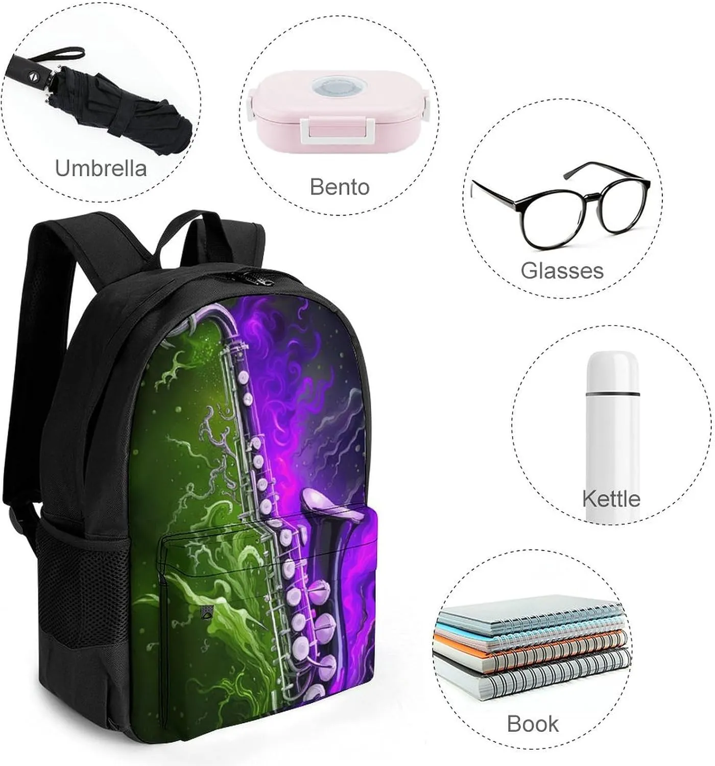 Men Women Polyester Saxophone In Fire And Water Art Casual Daypack Large Capacity Carry On Bag With Adjustable Shoulder Straps for Camping Work Running