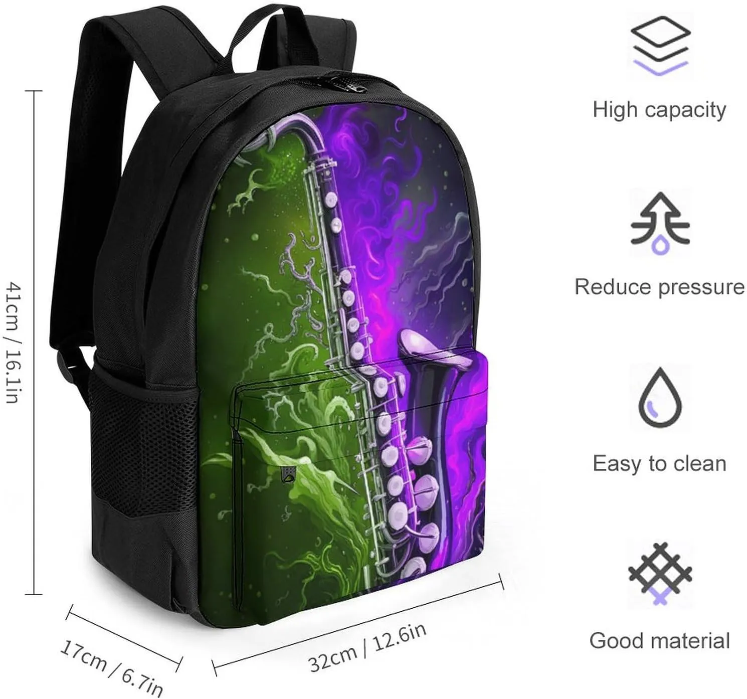 Men Women Polyester Saxophone In Fire And Water Art Casual Daypack Large Capacity Carry On Bag With Adjustable Shoulder Straps for Camping Work Running