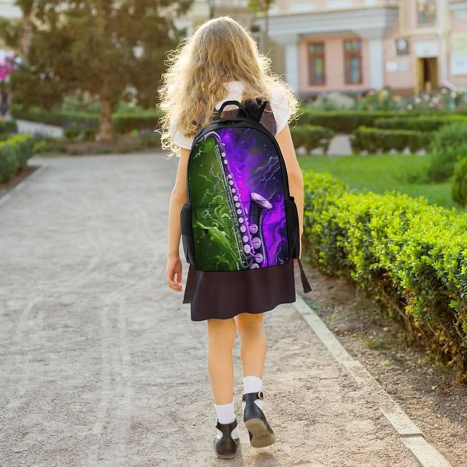 Men Women Polyester Saxophone In Fire And Water Art Casual Daypack Large Capacity Carry On Bag With Adjustable Shoulder Straps for Camping Work Running