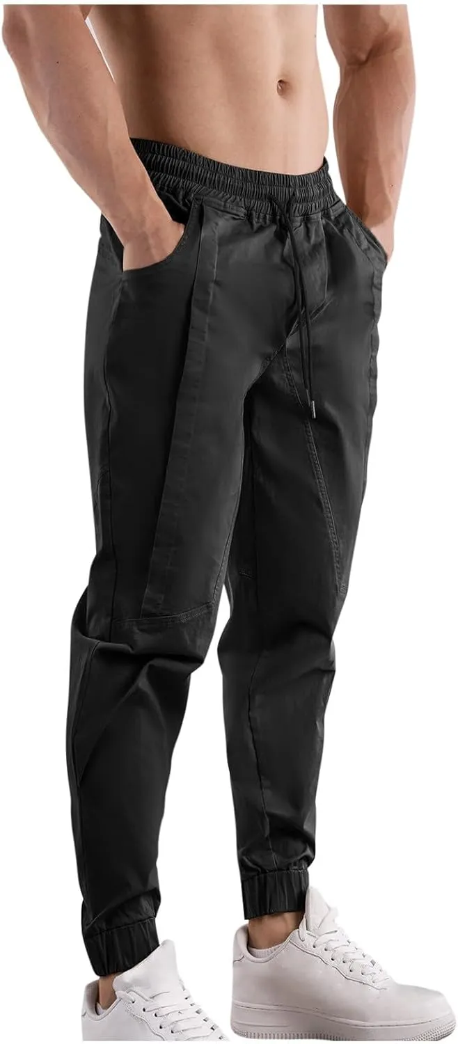 Mens Cargo Pants Elastic Waist Drawstring Relaxed Fit Joggers for Men Tapered Stretch Outdoor Work Pants