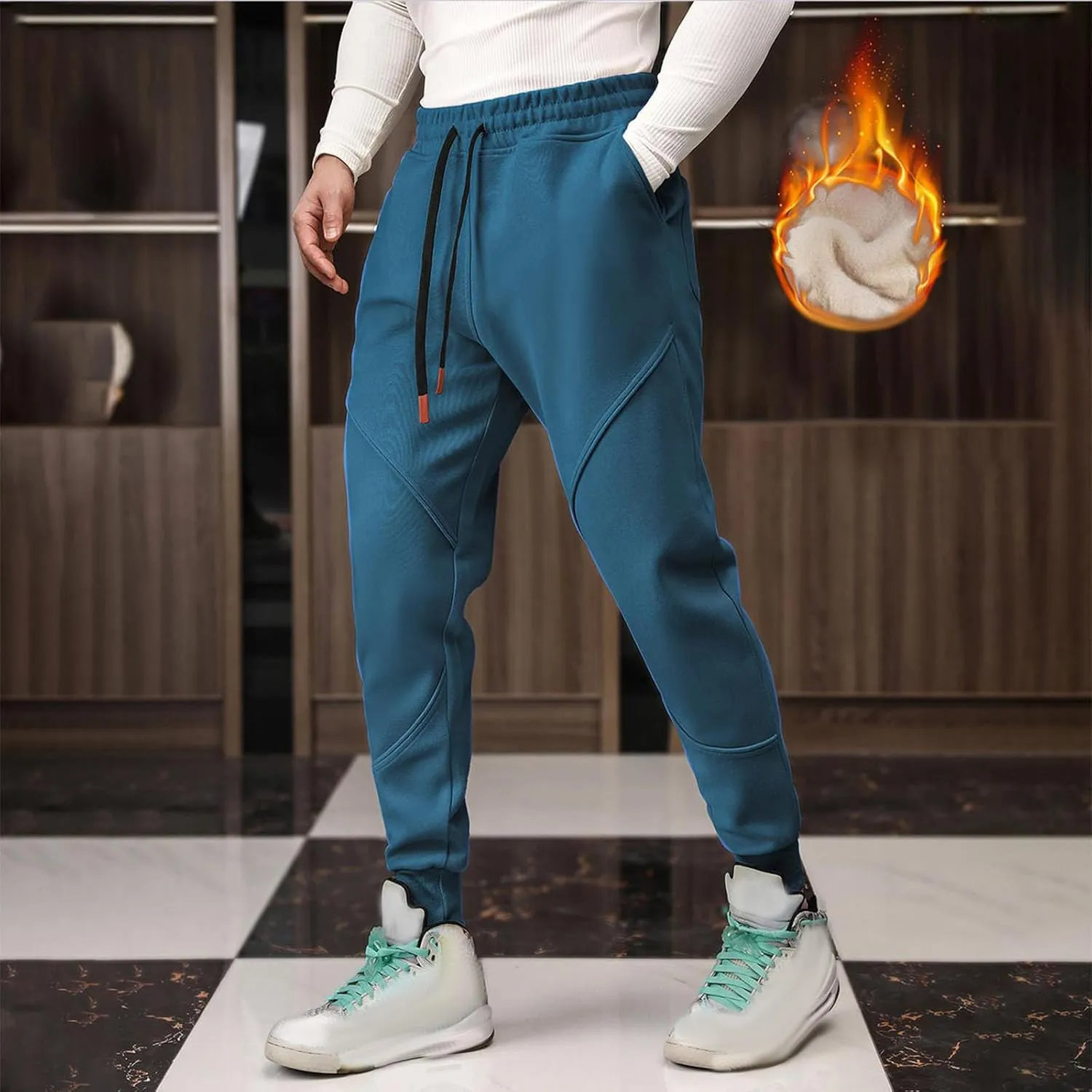 Mens Fleece Joggers with Pocket Drawstring Comfy Outdoor Running Athletic Sweatpants Trendy Warm Winter Joggers