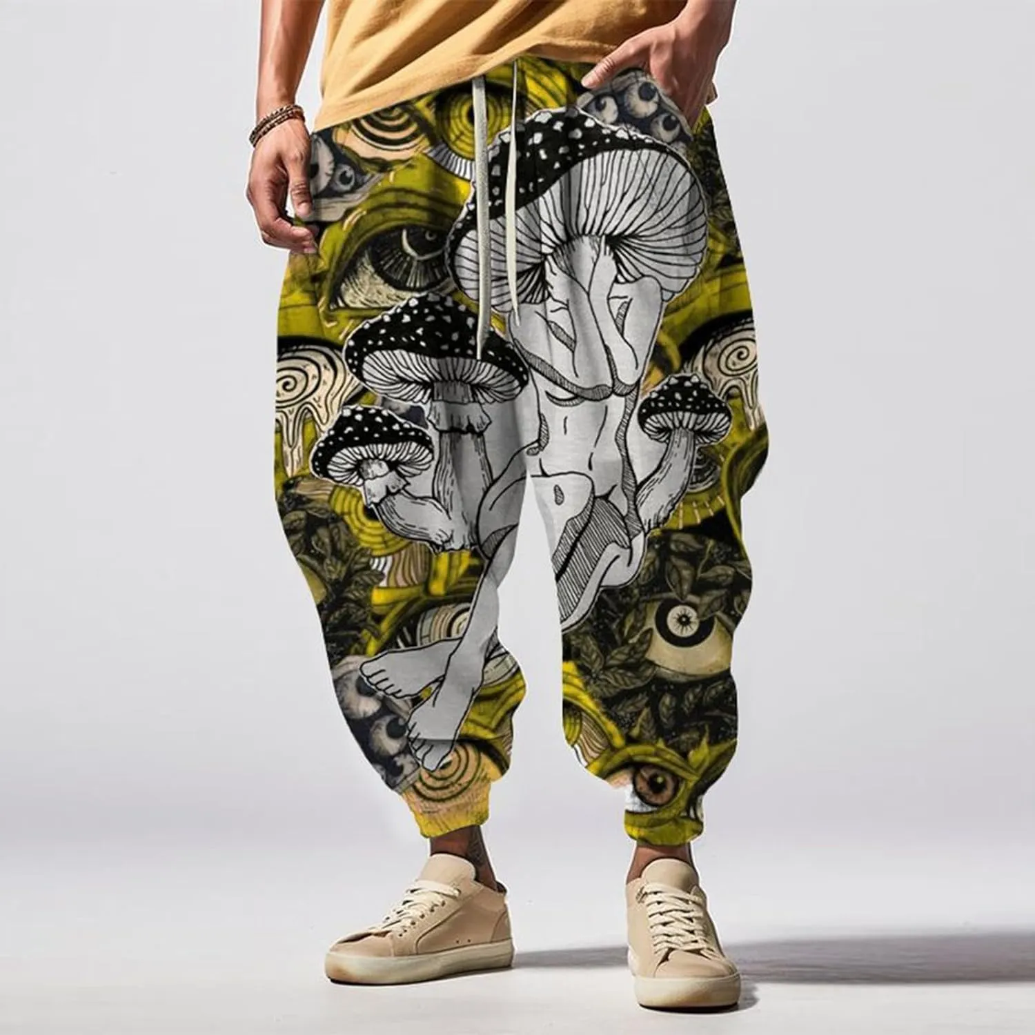 Men's Linen Harem Drawstring Pants Men's Autumn Fun Print Fashion Street Feel Casual Hiking Outdoor Twill Track