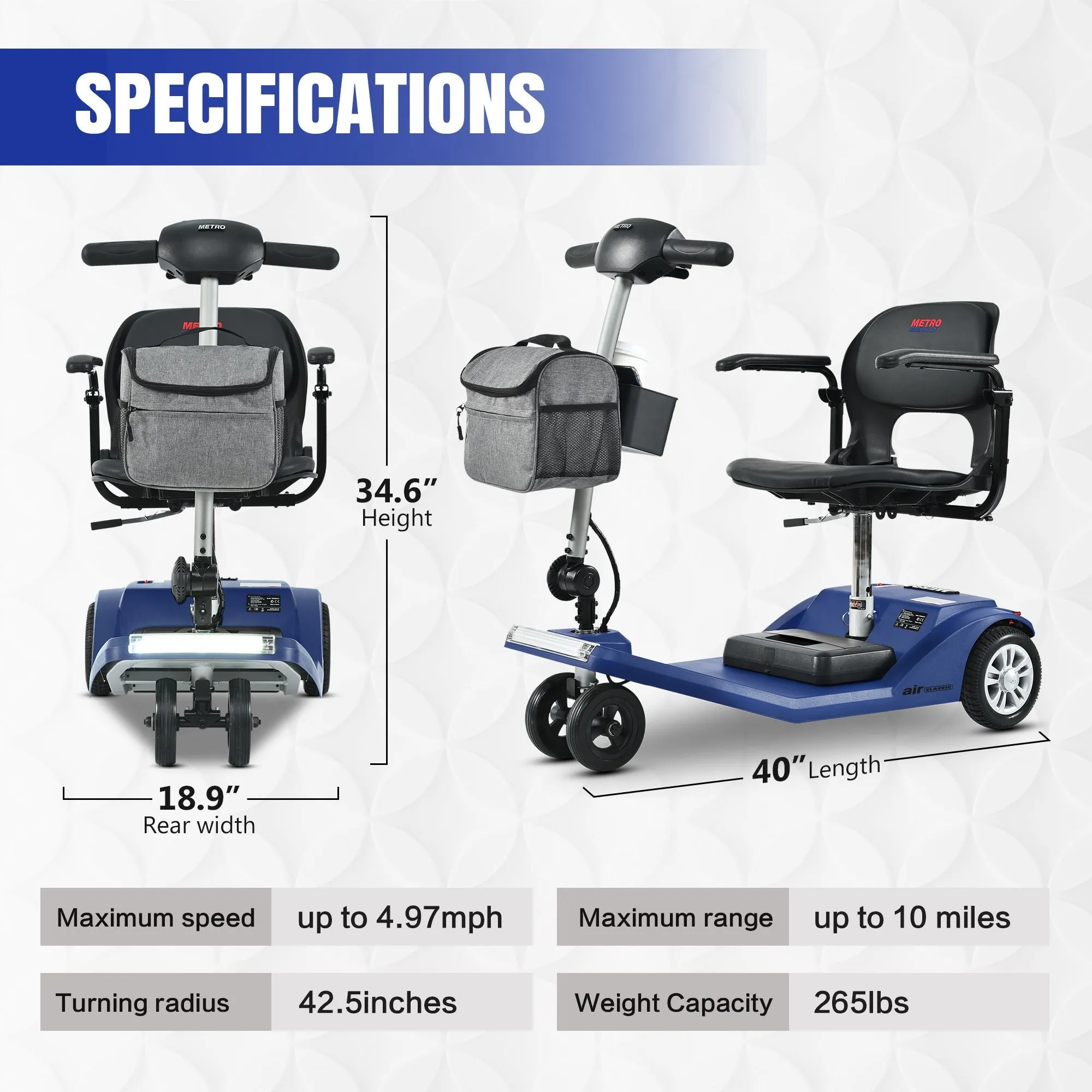 Metro Mobility Scooters, Super Lightweight Foldable Electric Mobility Scooter for Adults and Seniors, Aluminum Frame 33lbs Only Airline Approved with Detachable Lithium Battery