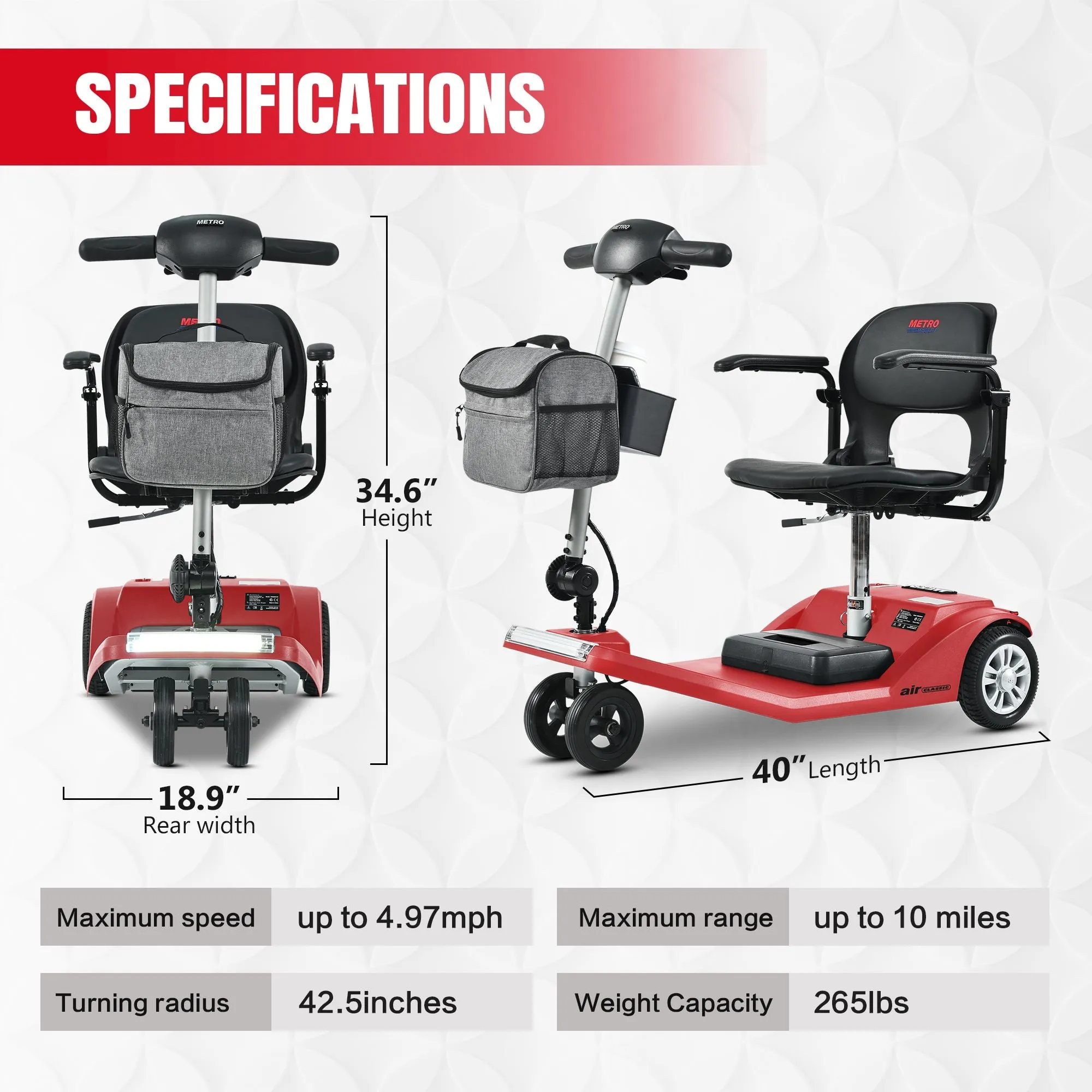Metro Mobility Scooters, Super Lightweight Foldable Electric Mobility Scooter for Adults and Seniors, Aluminum Frame 33lbs Only Airline Approved with Detachable Lithium Battery
