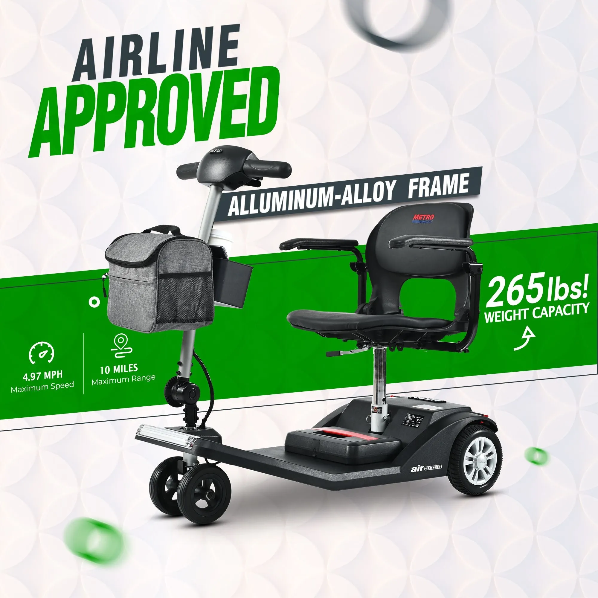 Metro Mobility Scooters, Super Lightweight Foldable Electric Mobility Scooter for Adults and Seniors, Aluminum Frame 33lbs Only Airline Approved with Detachable Lithium Battery