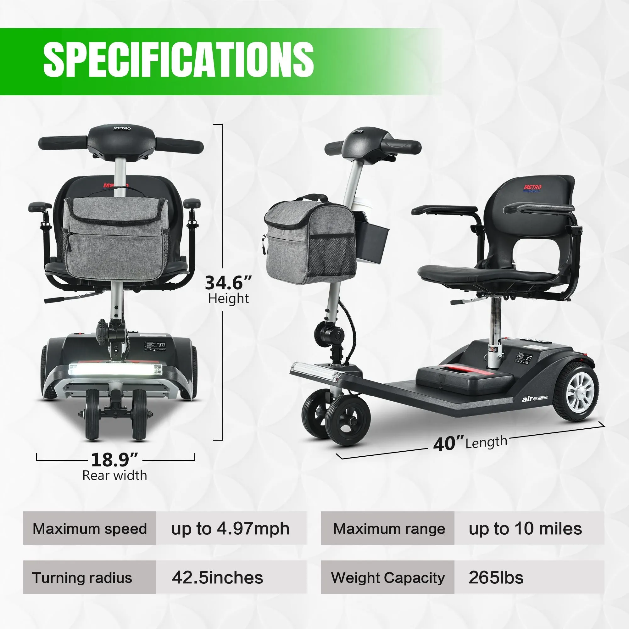 Metro Mobility Scooters, Super Lightweight Foldable Electric Mobility Scooter for Adults and Seniors, Aluminum Frame 33lbs Only Airline Approved with Detachable Lithium Battery