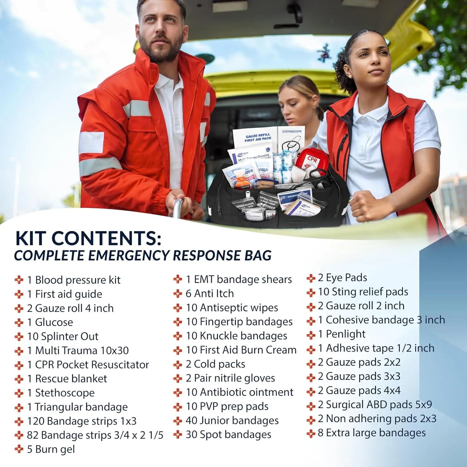 MFASCO First Aid Kit - Fully Stocked Portable Reflective Bag -First Responder Emergency Response Kit-for Natural Disaster Preparedness-Customizable Storage-Includes 415 Pcs First Aid Supplies-Black