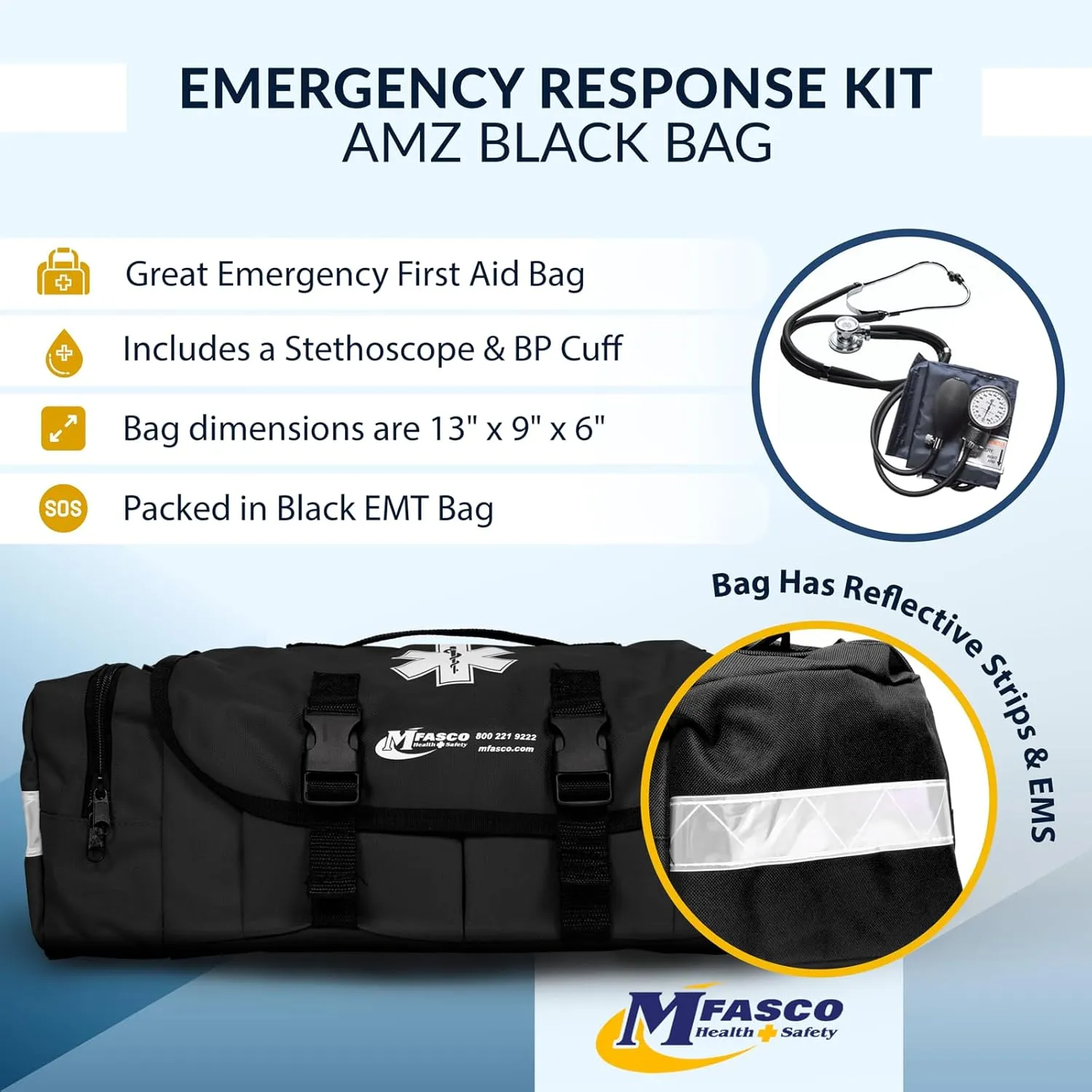 MFASCO First Aid Kit - Fully Stocked Portable Reflective Bag -First Responder Emergency Response Kit-for Natural Disaster Preparedness-Customizable Storage-Includes 415 Pcs First Aid Supplies-Black