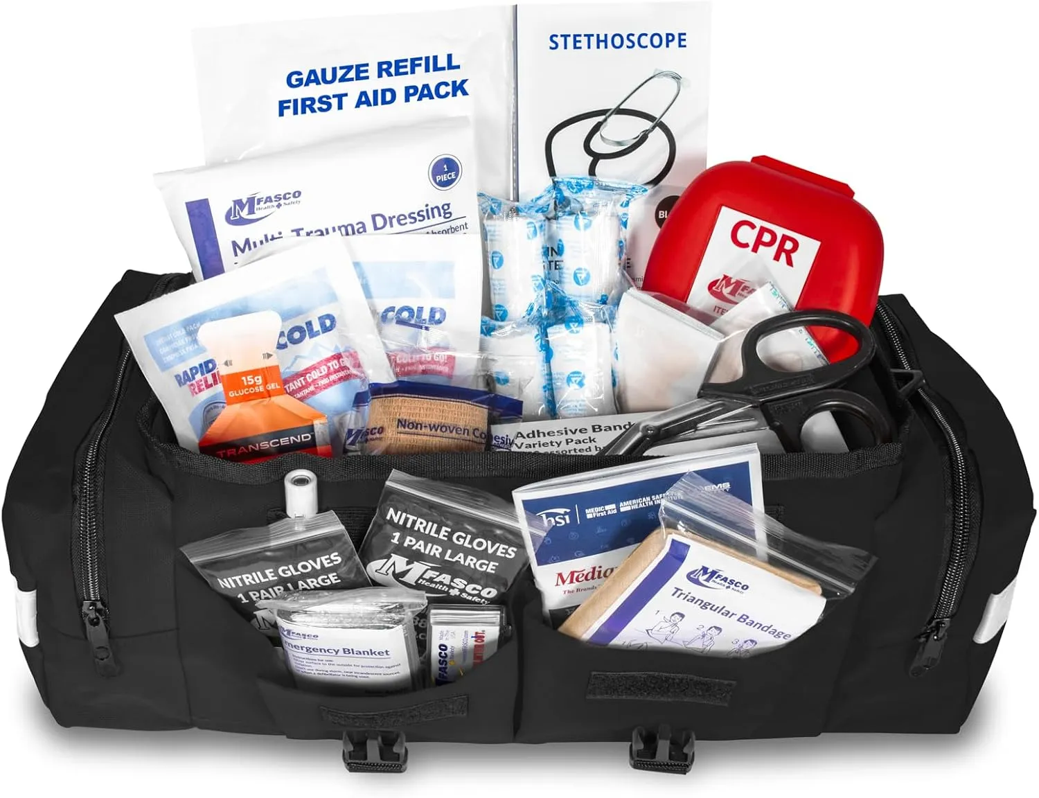 MFASCO First Aid Kit - Fully Stocked Portable Reflective Bag -First Responder Emergency Response Kit-for Natural Disaster Preparedness-Customizable Storage-Includes 415 Pcs First Aid Supplies-Black