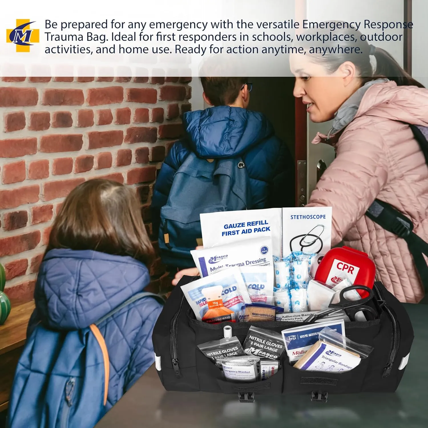 MFASCO First Aid Kit - Fully Stocked Portable Reflective Bag -First Responder Emergency Response Kit-for Natural Disaster Preparedness-Customizable Storage-Includes 415 Pcs First Aid Supplies-Black