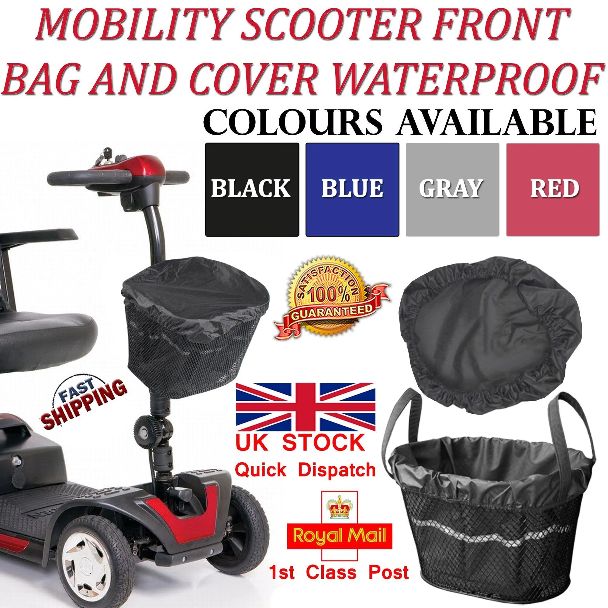 Mobility Scooter Front Basket Bag Liner & Rain Cover Waterproof Black Grey Blue Red