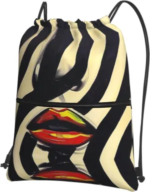Monochrome artwork Water-Resistant Zipper Drawstring Backpack for Gym/Yoga/Travel - Lightweight Foldable 15.3x18 Sports Bag w/Multiple Pockets