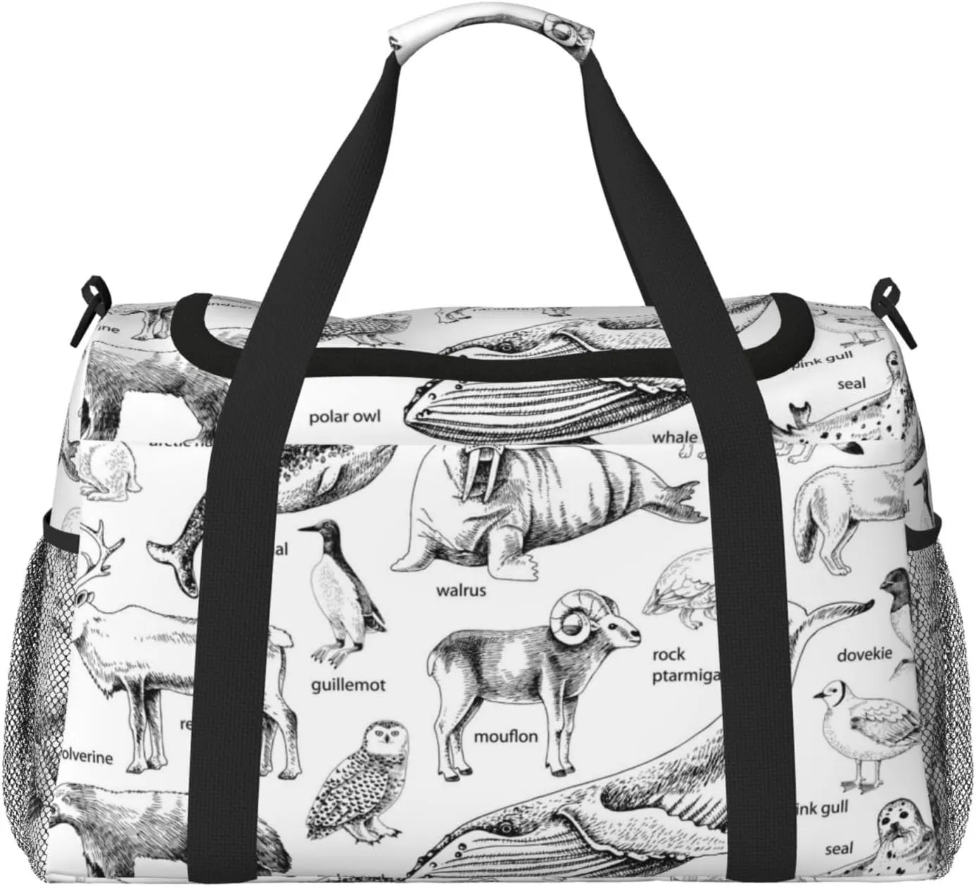 Monochrome Hand Drawn Arctic Animals Travel Duffle Bag Carry On Duffle Bags For Womens & Mens Travel Overnight Bag Tote Bag Yoga Gym Bag