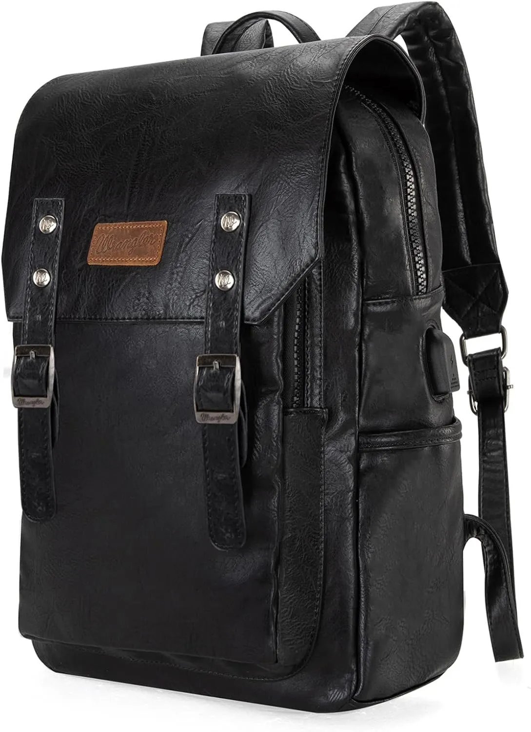 Montana West × Wrangler Black Leather Backpack for Women Laptop Backpack for Men Unisex Fashion Backpack Purse