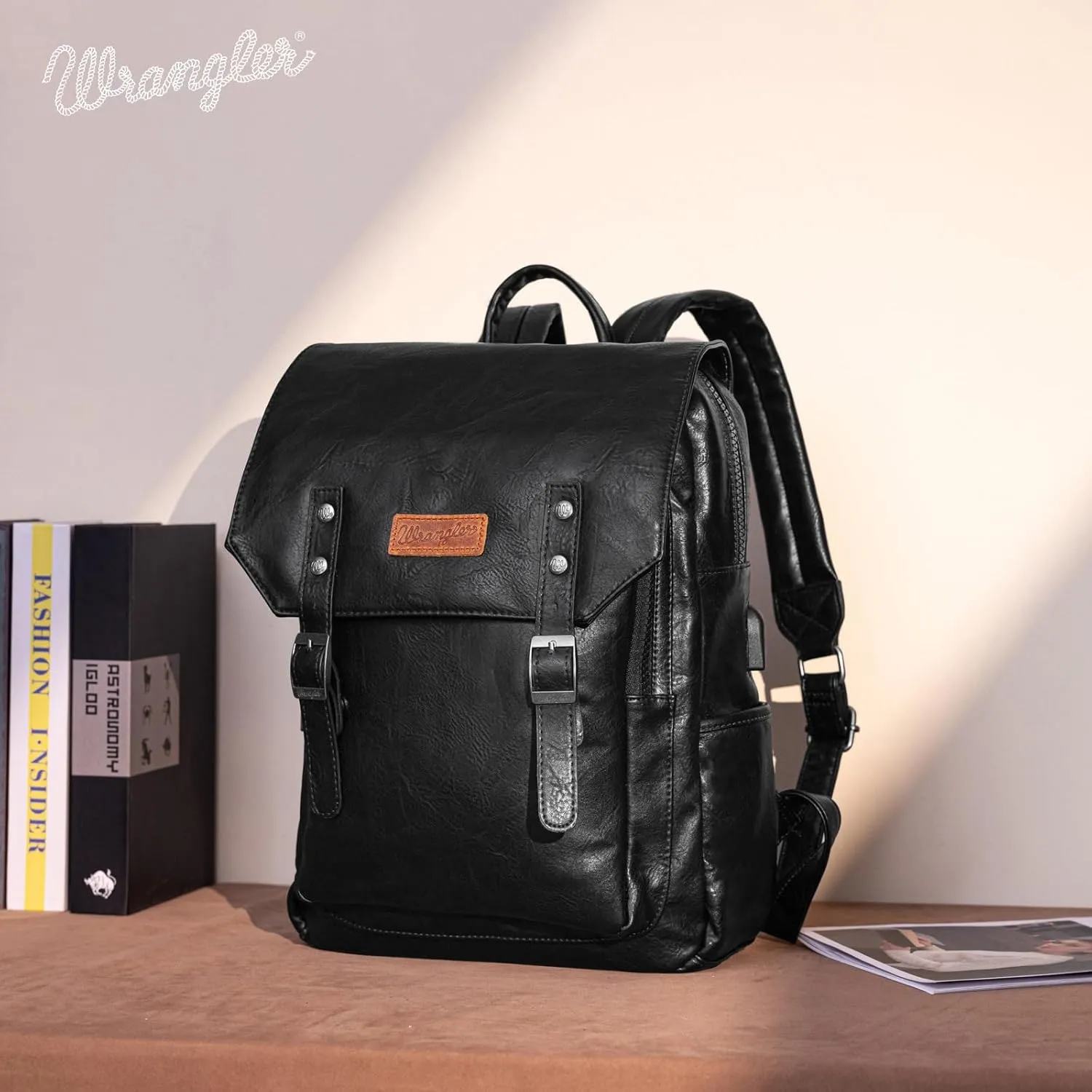 Montana West × Wrangler Black Leather Backpack for Women Laptop Backpack for Men Unisex Fashion Backpack Purse