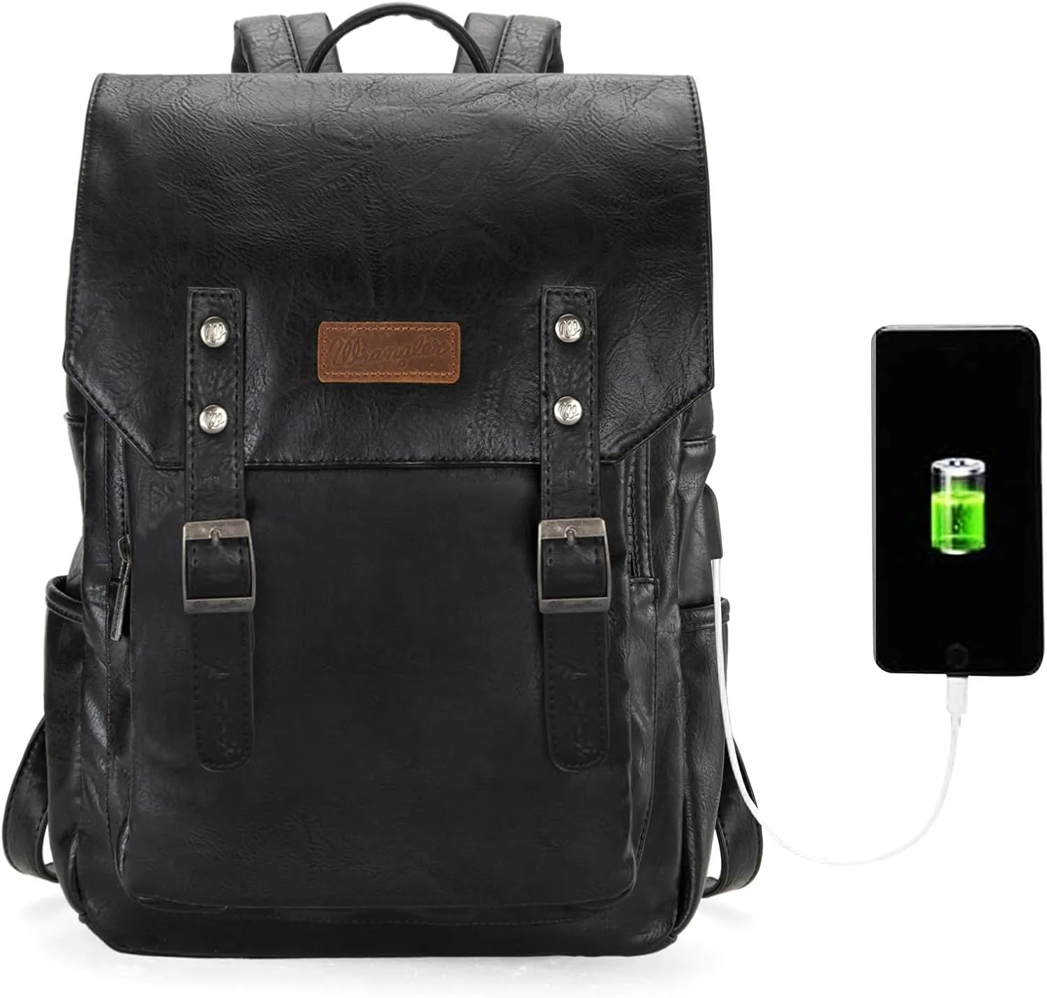 Montana West × Wrangler Black Leather Backpack for Women Laptop Backpack for Men Unisex Fashion Backpack Purse