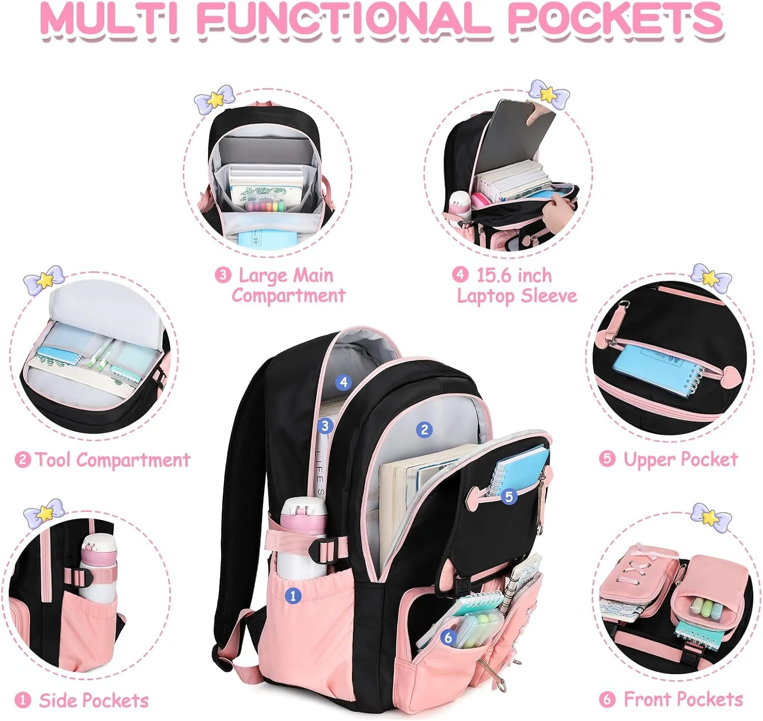 MOONBABY Kids Backpacks for Girls Teens Kawaii Bookbag for Elementary Primary Middle High School Daypack,Pink