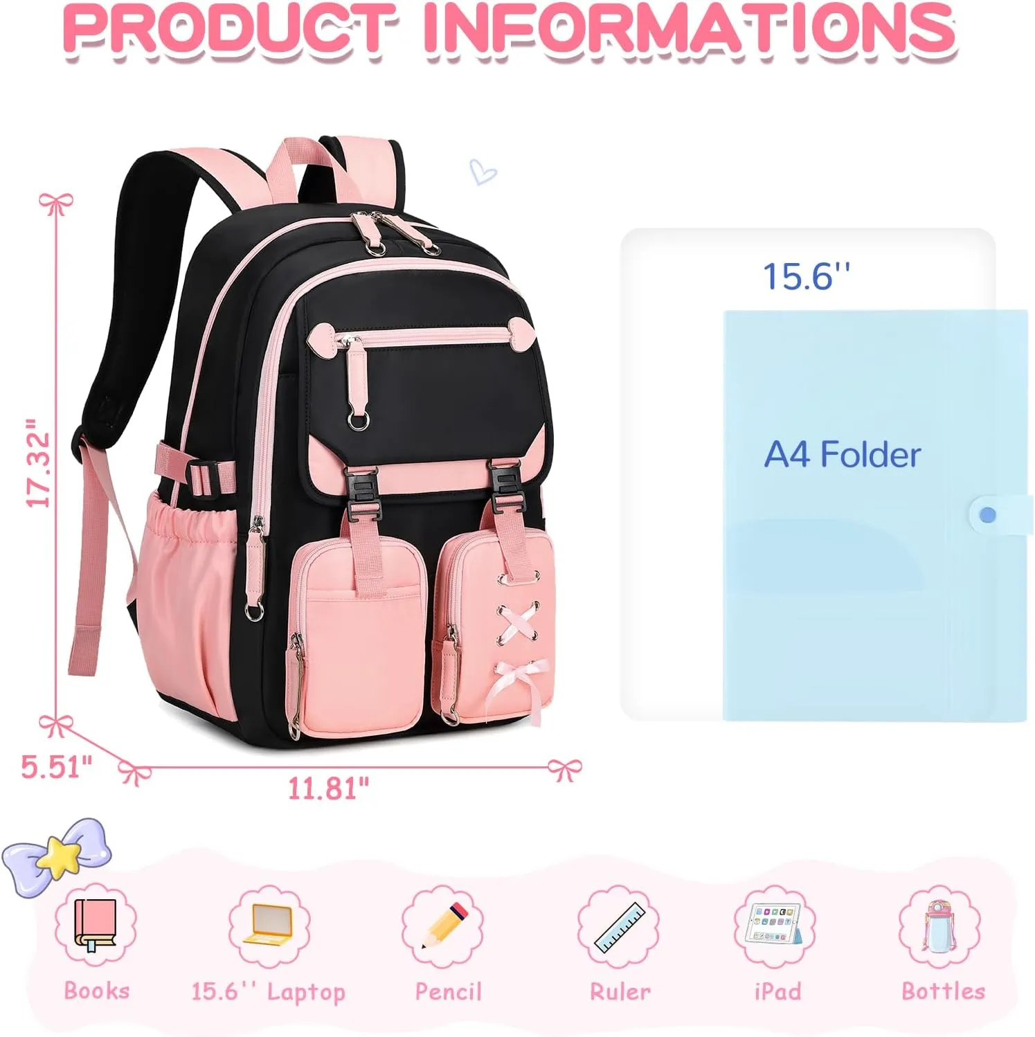 MOONBABY Kids Backpacks for Girls Teens Kawaii Bookbag for Elementary Primary Middle High School Daypack,Pink