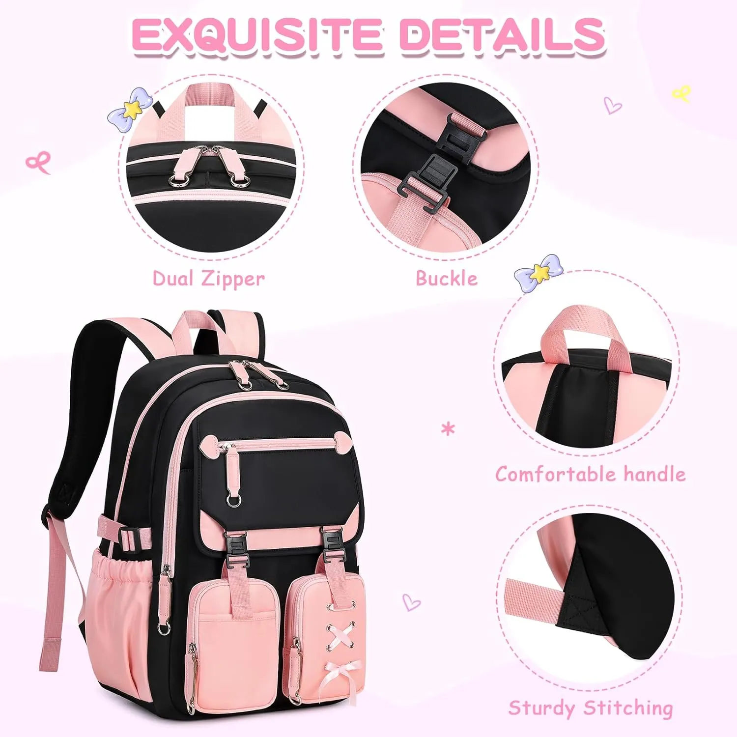 MOONBABY Kids Backpacks for Girls Teens Kawaii Bookbag for Elementary Primary Middle High School Daypack,Pink