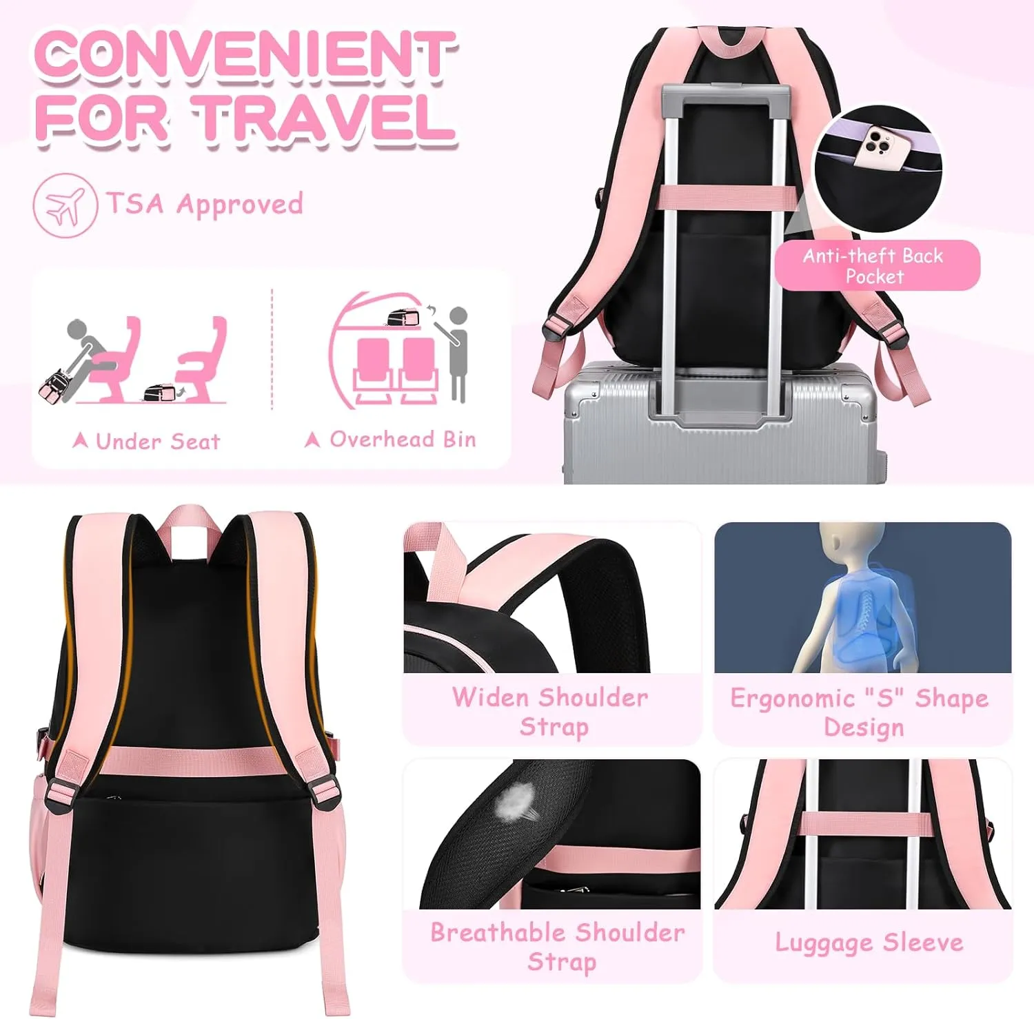 MOONBABY Kids Backpacks for Girls Teens Kawaii Bookbag for Elementary Primary Middle High School Daypack,Pink