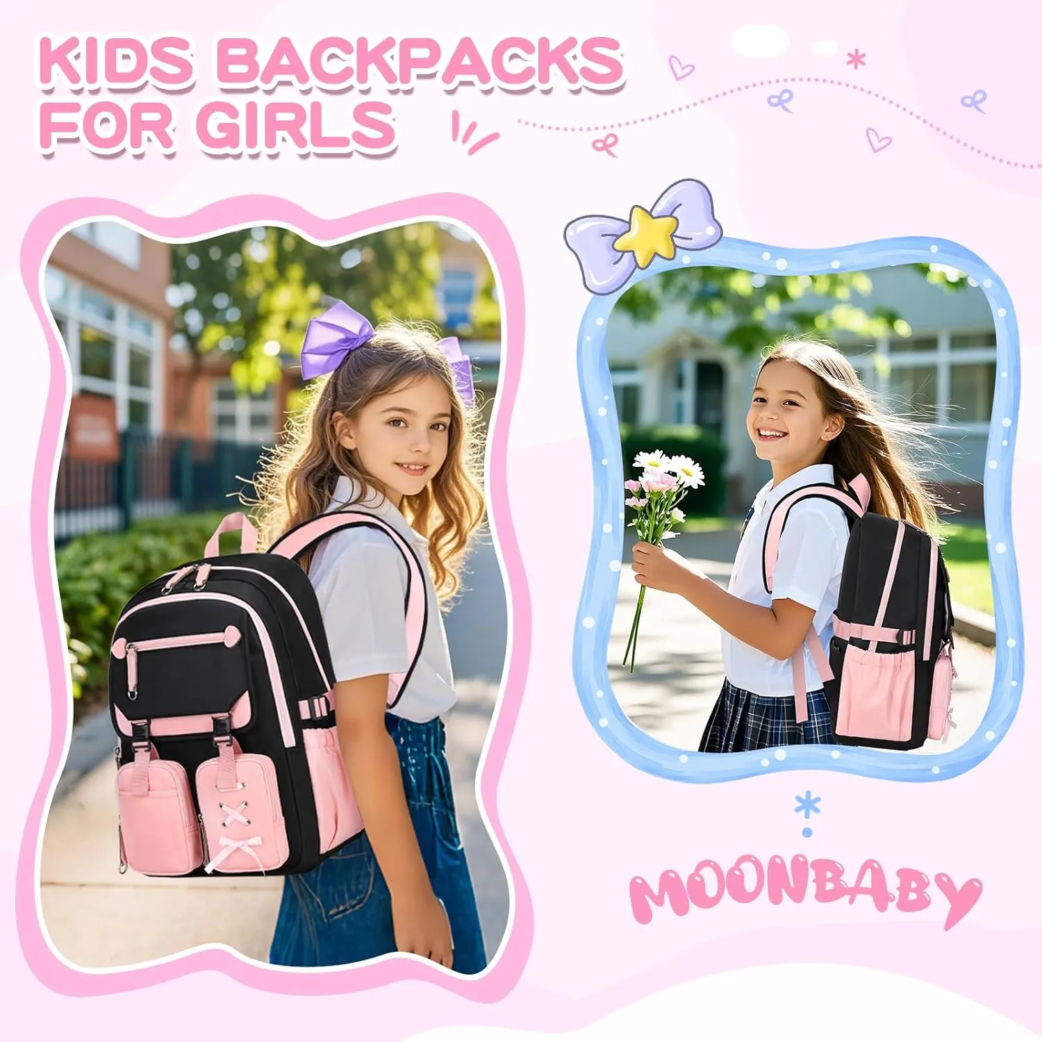 MOONBABY Kids Backpacks for Girls Teens Kawaii Bookbag for Elementary Primary Middle High School Daypack,Pink