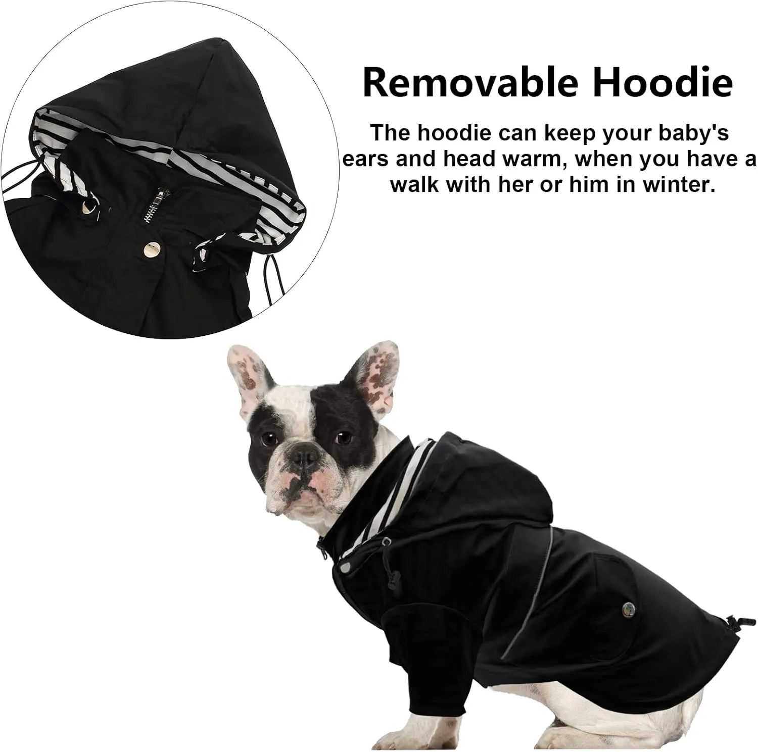Morezi Dog Zip Up Raincoat with Reflective Buttons, Rain/Water Resistant, Adjustable Drawstring, Removable Hood, Raincoats with Legs 8lbs to 80lbs Available - Black - S