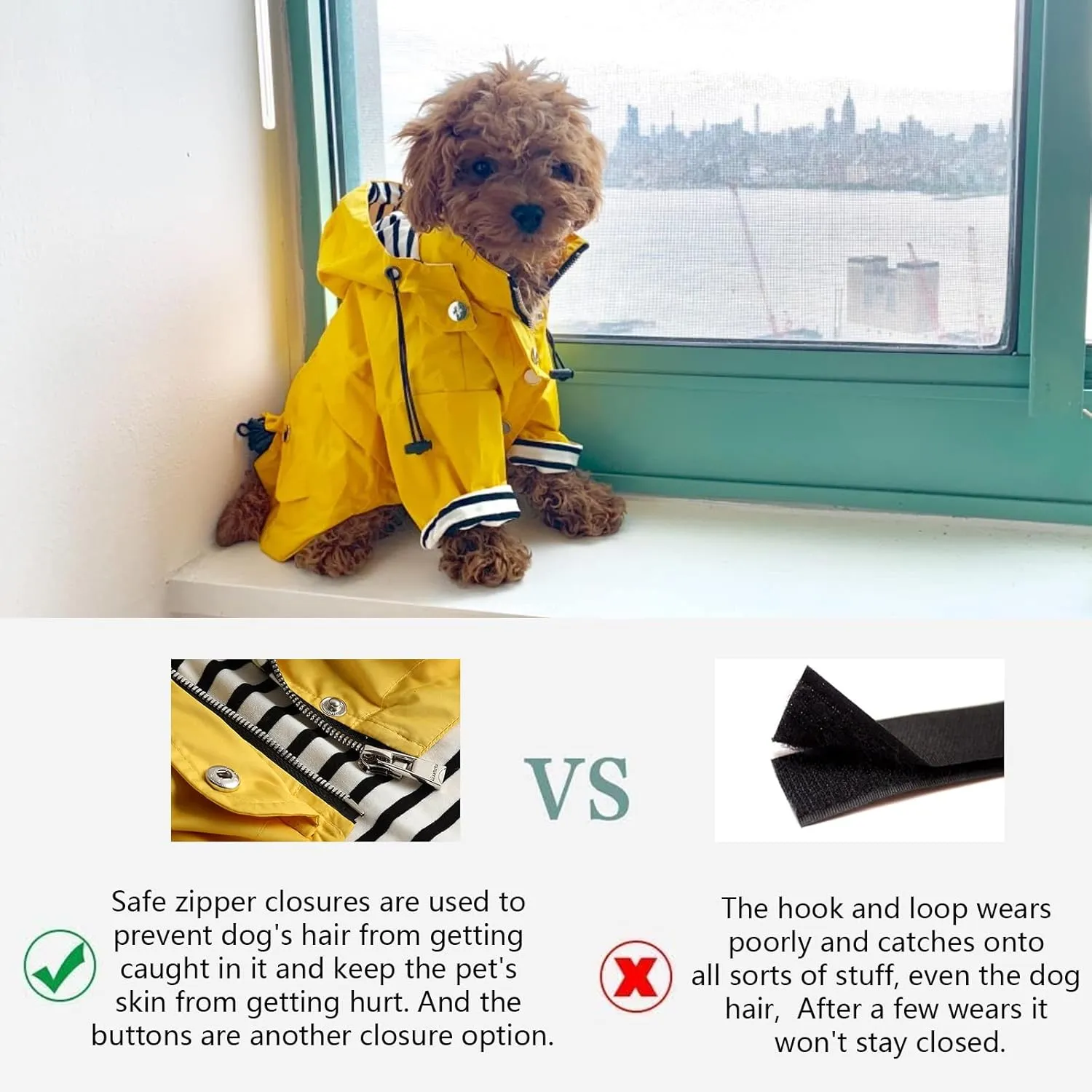 Morezi Dog Zip Up Raincoat with Reflective Buttons, Rain/Water Resistant, Adjustable Drawstring, Removable Hood, Raincoats with Legs 8lbs to 80lbs Available - Black - S
