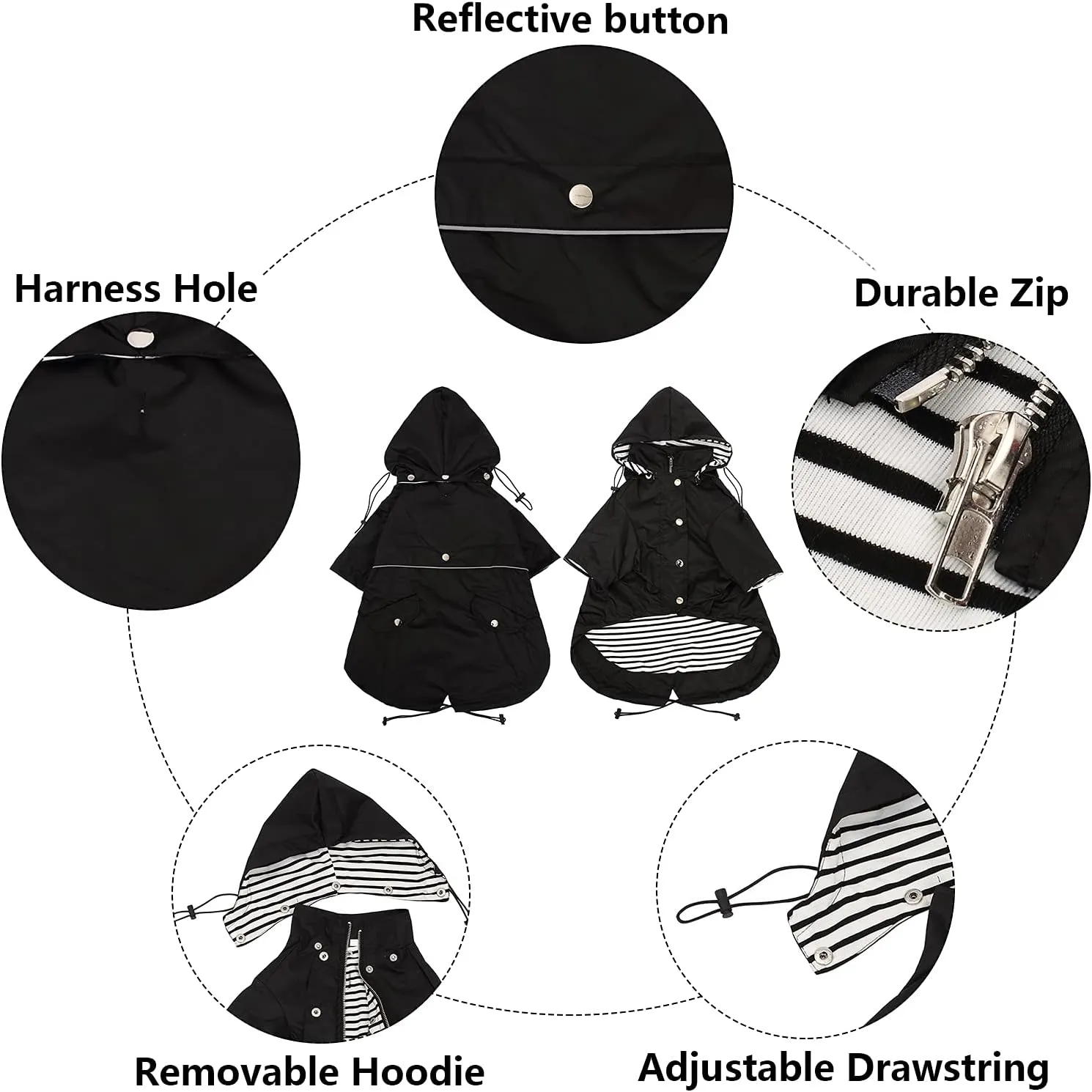 Morezi Dog Zip Up Raincoat with Reflective Buttons, Rain/Water Resistant, Adjustable Drawstring, Removable Hood, Raincoats with Legs 8lbs to 80lbs Available - Black - S