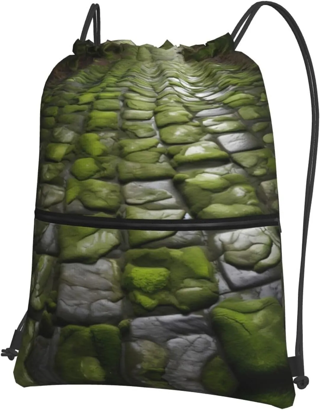 Moss Stone Pavement Print Drawstring Zipper Backpack â€“ Gym Drawstring Bag for Sports, Yoga, Dance, Travel, and More