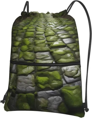 Moss Stone Pavement Print Drawstring Zipper Backpack â€“ Gym Drawstring Bag for Sports, Yoga, Dance, Travel, and More