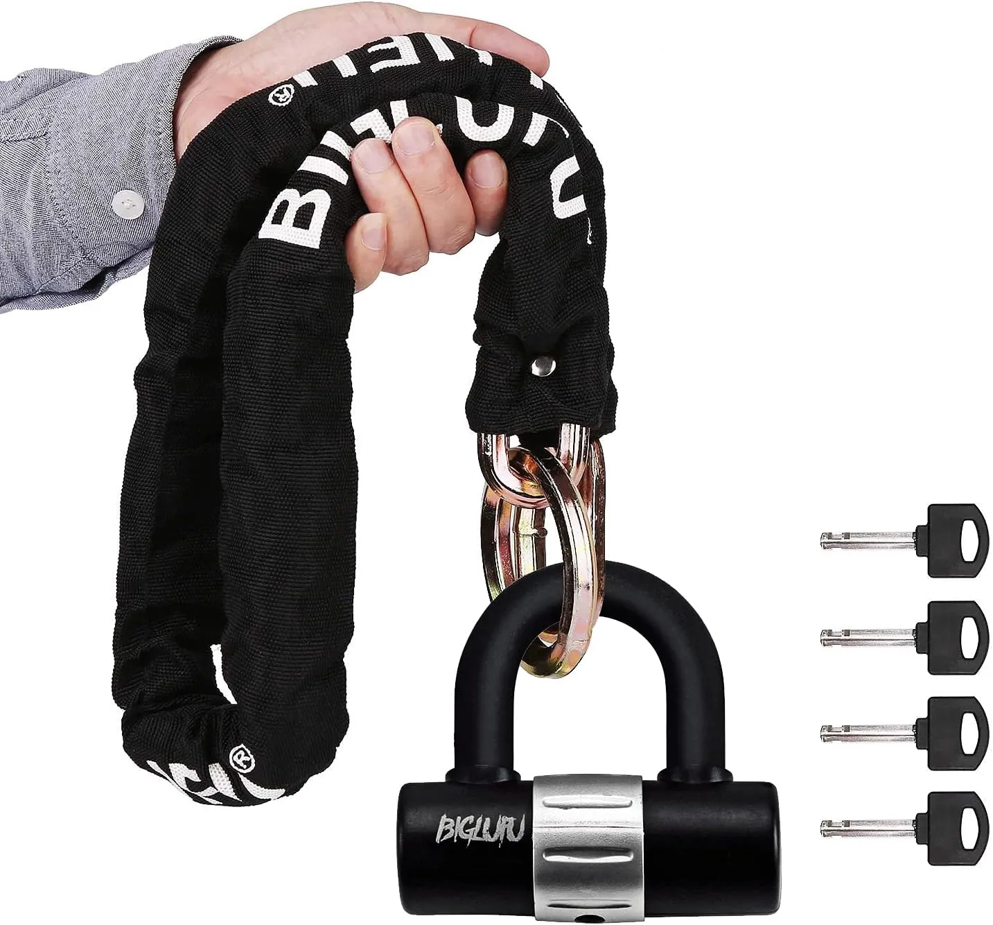 Motorcycle Chain Locks, BIGLUFU 3.3ft/100cm Heavy Duty Long Security Chain, Cut Proof 0.39 inch/10mm Thick Square Chains with 0.63inch/16mm U Lock, Bike Chain Locks for Motorbike, Scooter, Moped