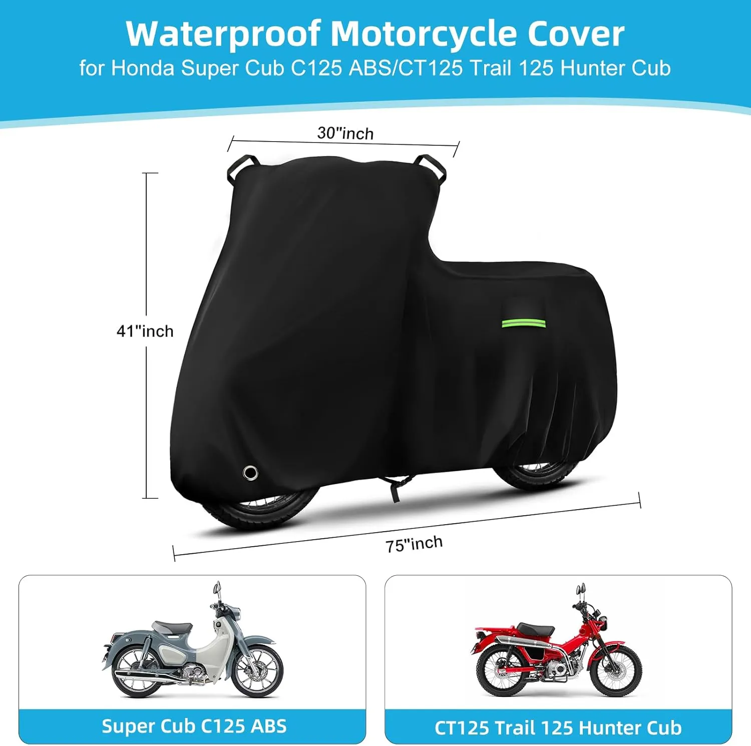 Motorcycle Cover Waterproof for Honda Super Cub C125 ABS/CT125 Trail 125 Hunter Cub, Heavy Duty Outdoor Sun UV Rain Dust All Weather Protection Motorbike Cover with Soft Cotton Lining & Lock Hole