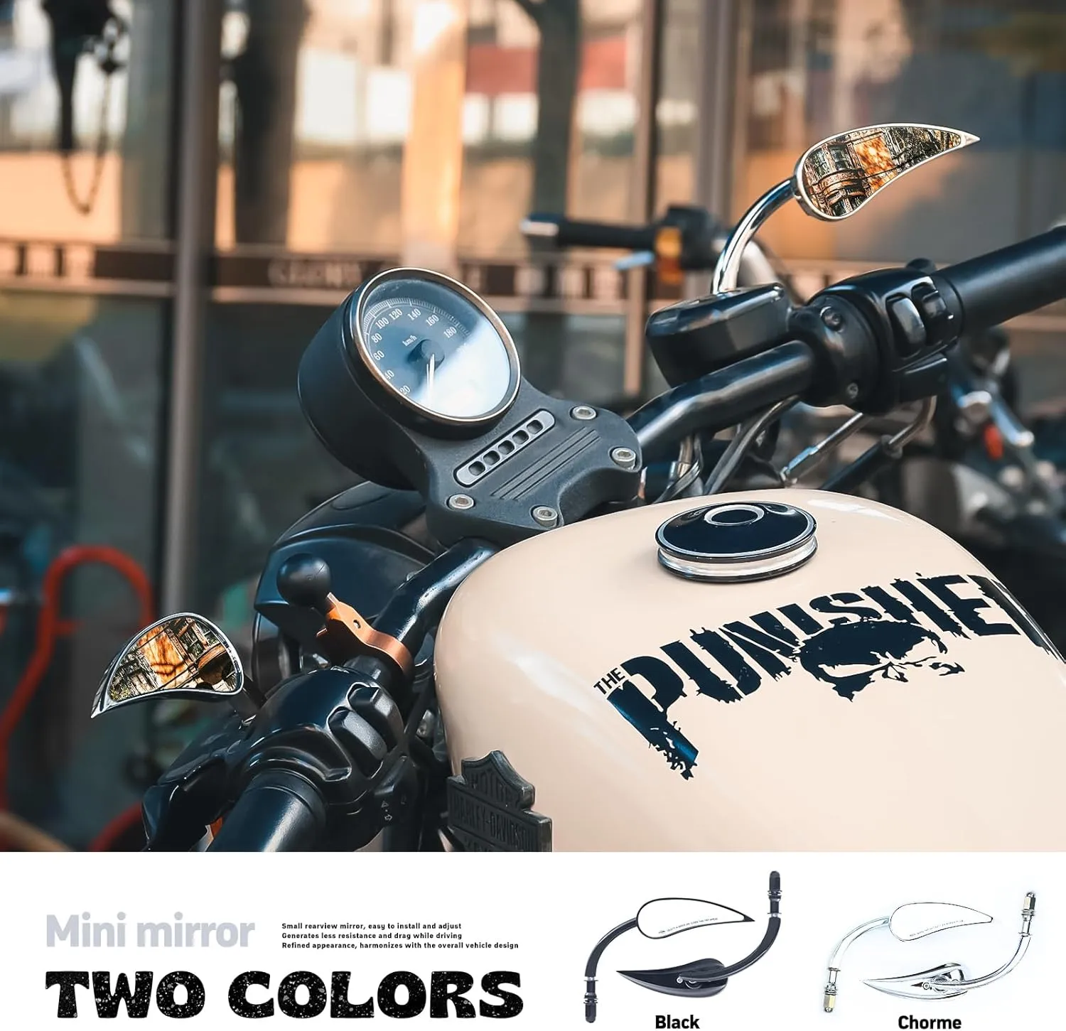 Motorcycle Mirrors, Water Drop Shape Side Mirrors Chrome M10 - Compatible with Harley Davidson Sportster Road King Street Electra Glide Dyna Softail